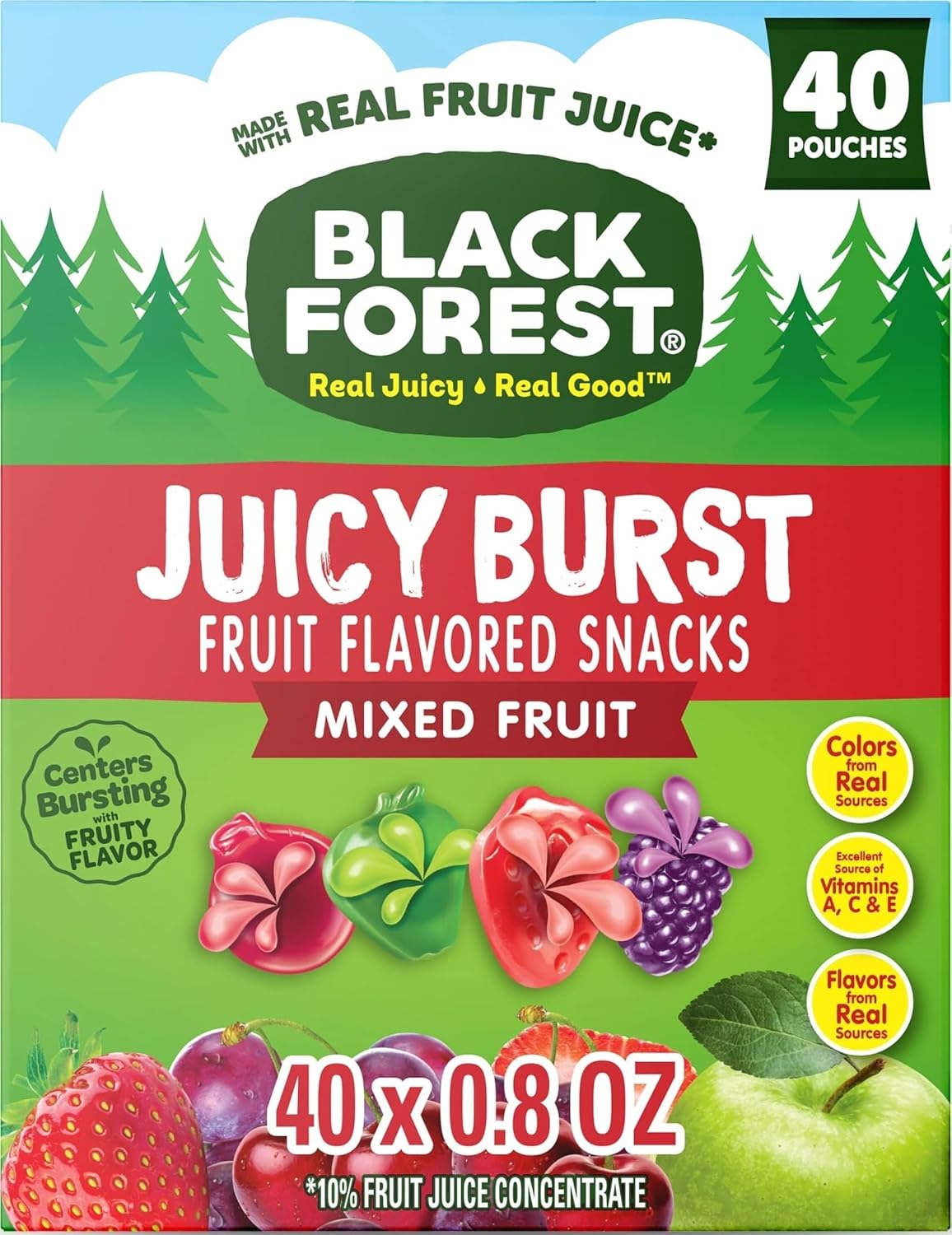 Black Forest, Juicy Burst, Fruit Flavored Snacks, Mixed Fruit Flavors, A Juicy Burst of Natural Flavors, Made with Real Fruit Juice, 0.8 oz 40 ct