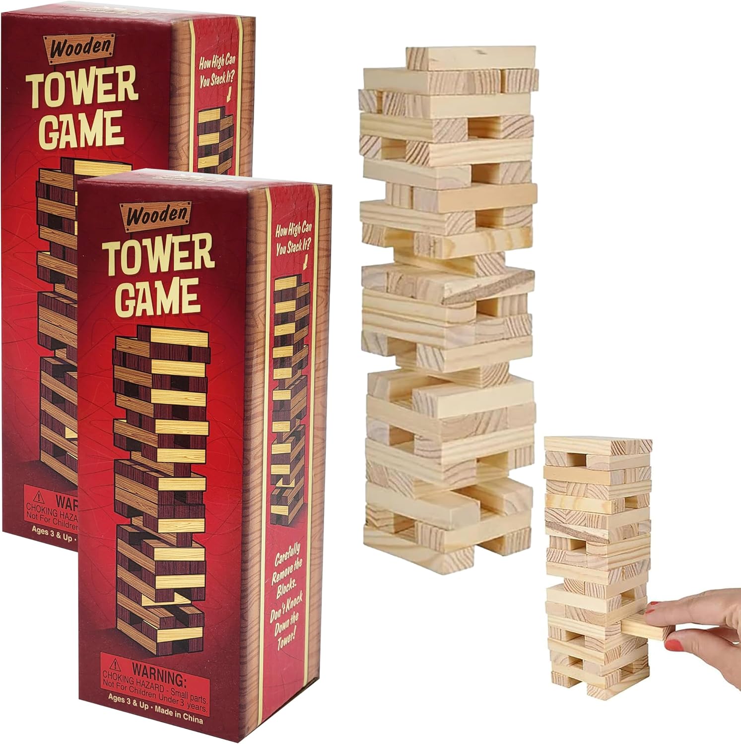 Wooden Blocks Stacking Tumbling Tower Game, Pull, and Tumble Blocks, Sensory Learning, Game Night, 6" Inches (2-Pack)