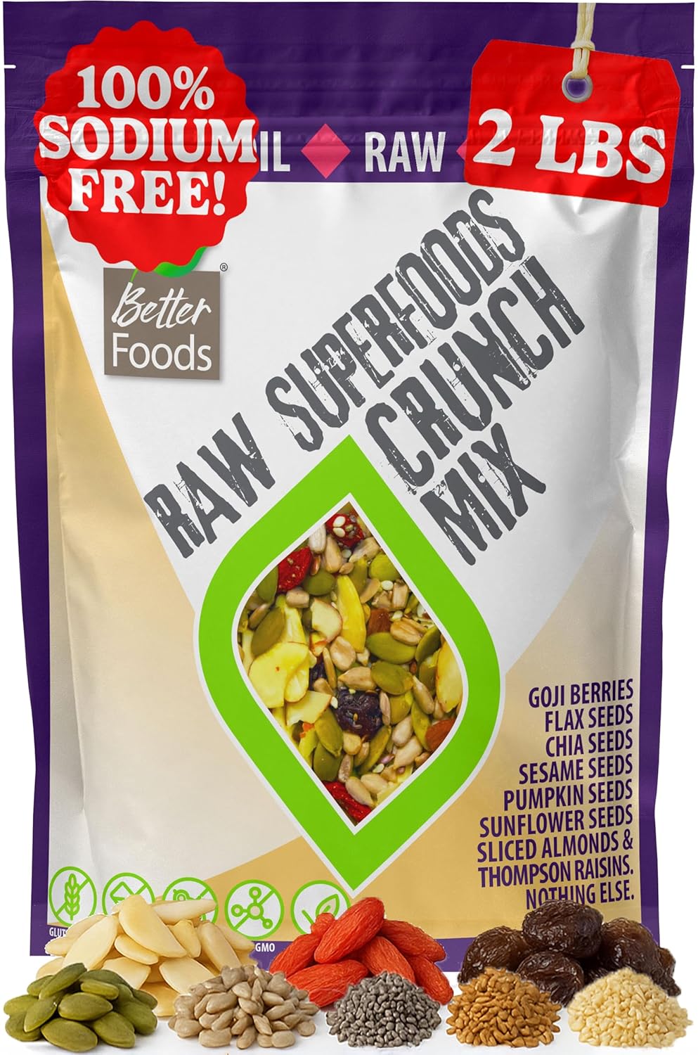 BetterFoods Raw Superfoods Crunch Mix | Antioxidant Rich Premium Salad Toppings with Organic Goji Berries & Mixed Seeds | 6g Plant Protein, Keto Friendly, Non-GMO, Vegan | 24oz Bag