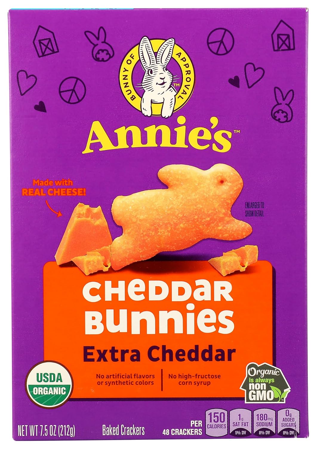 Annie's Organic Cheddar Bunnies, Extra Cheddar, Real Cheese, 7.5 oz | Extra Cheesy Flavor, Baked with Real Cheese, USDA Organic and Non-GMO, No High-Fructose Corn Syrup