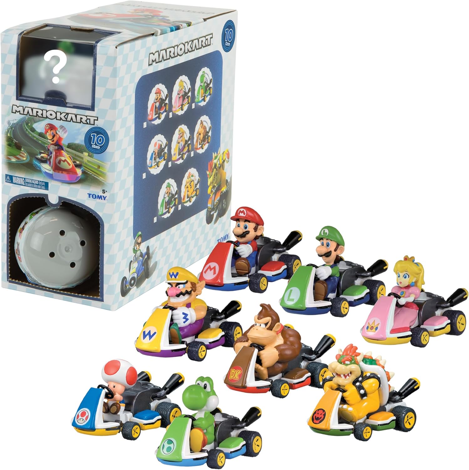 TOMY Mario Kart Pull Back Racers - Nintendo Mario Toys Including Mario, Luigi, Wario, Princess Peach, Bowser, Toad, and Yoshi - 10 Count - Video Game Collectibles - Ages 5 Years and Up
