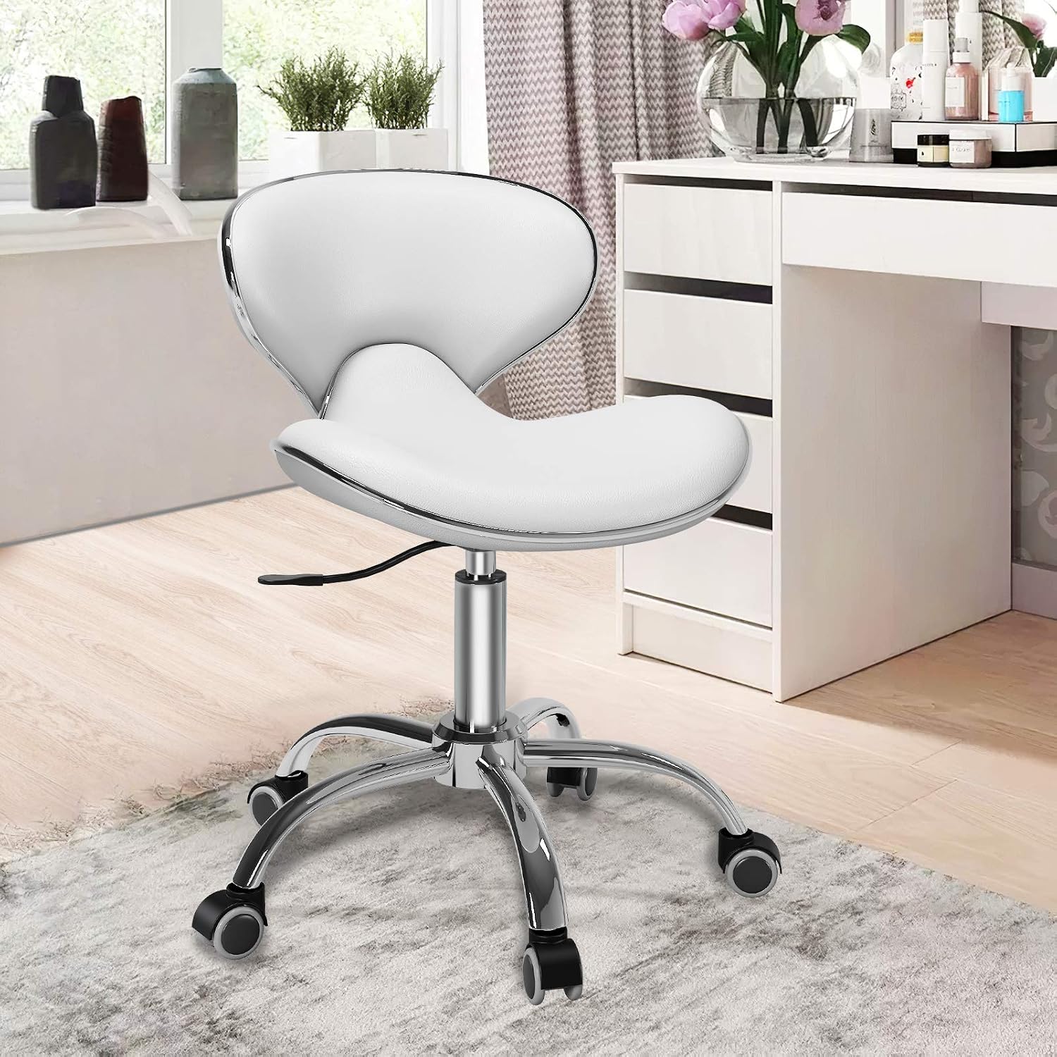 SALONFACTORY Adjustable Rolling Stool with Backrest,Drafting Spa Bar Medical Salon Tattoo Stool Chair with Wheels 360 Swivel,Heavy Duty,400lbs Weight Capacity,White