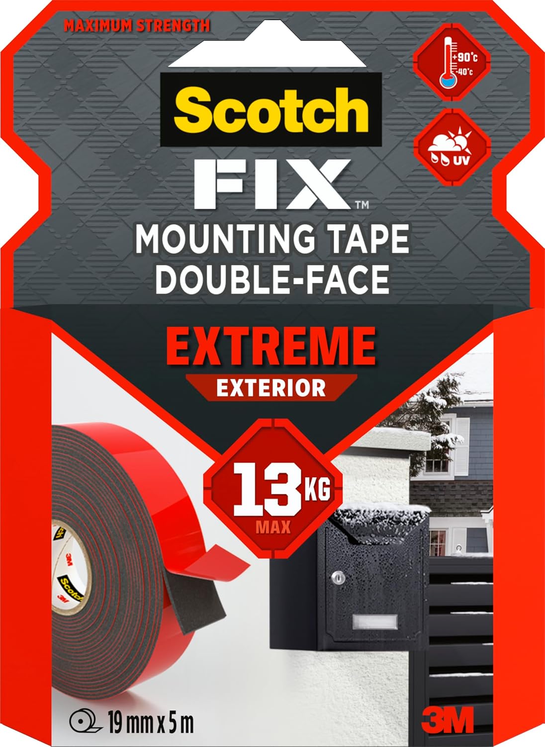 Scotch-Fix Double-Sided Extreme Exterior Mounting Tape - 1 Roll (19mm x 5m) - For Outdoor Extreme Use, Weather Resistant, Permanent Tape, 100% Adhesive, 3M Advanced Technology - Holds up to 13kg