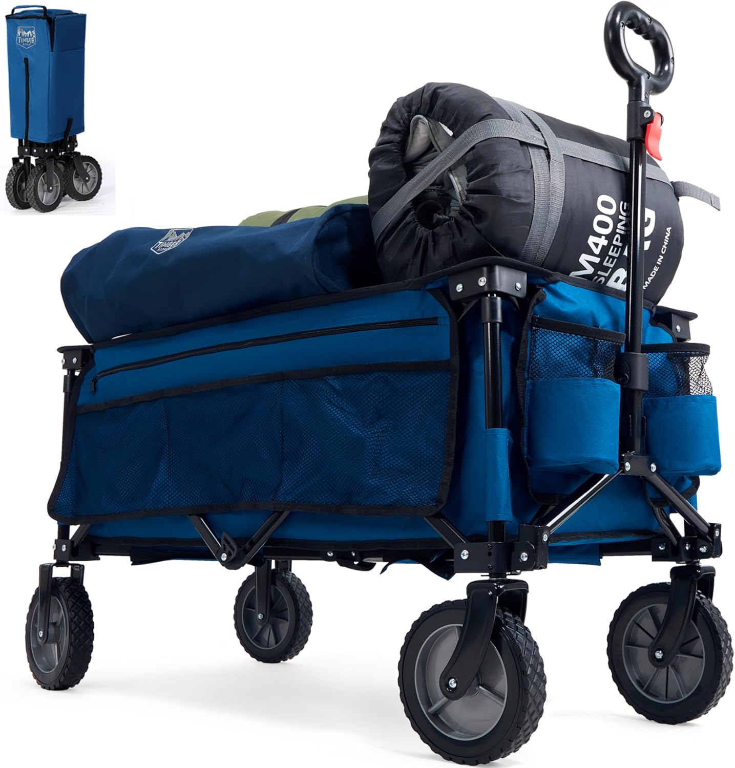 TIMBER RIDGE Festival Trolley on Wheels, 135L Folding Camping Wagon with Adjustable Handle & Cup Holder, Collapsible Beach Cart Foldable for Outdoor Garden Picnic Shopping 100KG Capacity, Blue