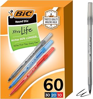 BIC Round Stic Xtra Life Assorted Ink Ballpoint Pens, Medium Point (1.0mm), 60-Count Pack of Bulk Pens, Flexible Round Barrel for Comfortable Writing, No. 1 Selling Ballpoint Pens