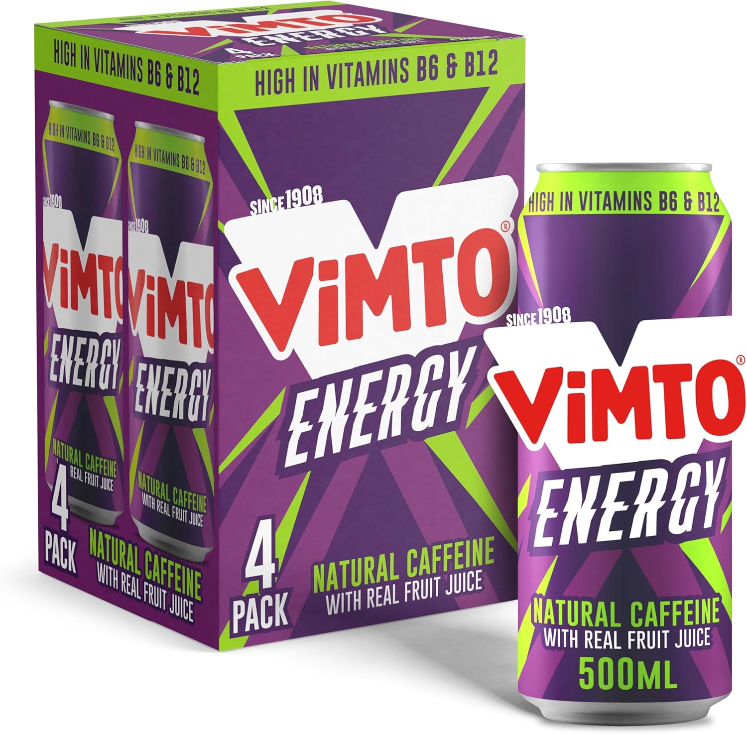 Vimto Energy Drink – Original Flavour – Natural Caffeine & B Vitamins – 4 x 500ml Multipack Cans – HFSS Compliant - Fruity Energy Boost, Sparkling Juice Drink