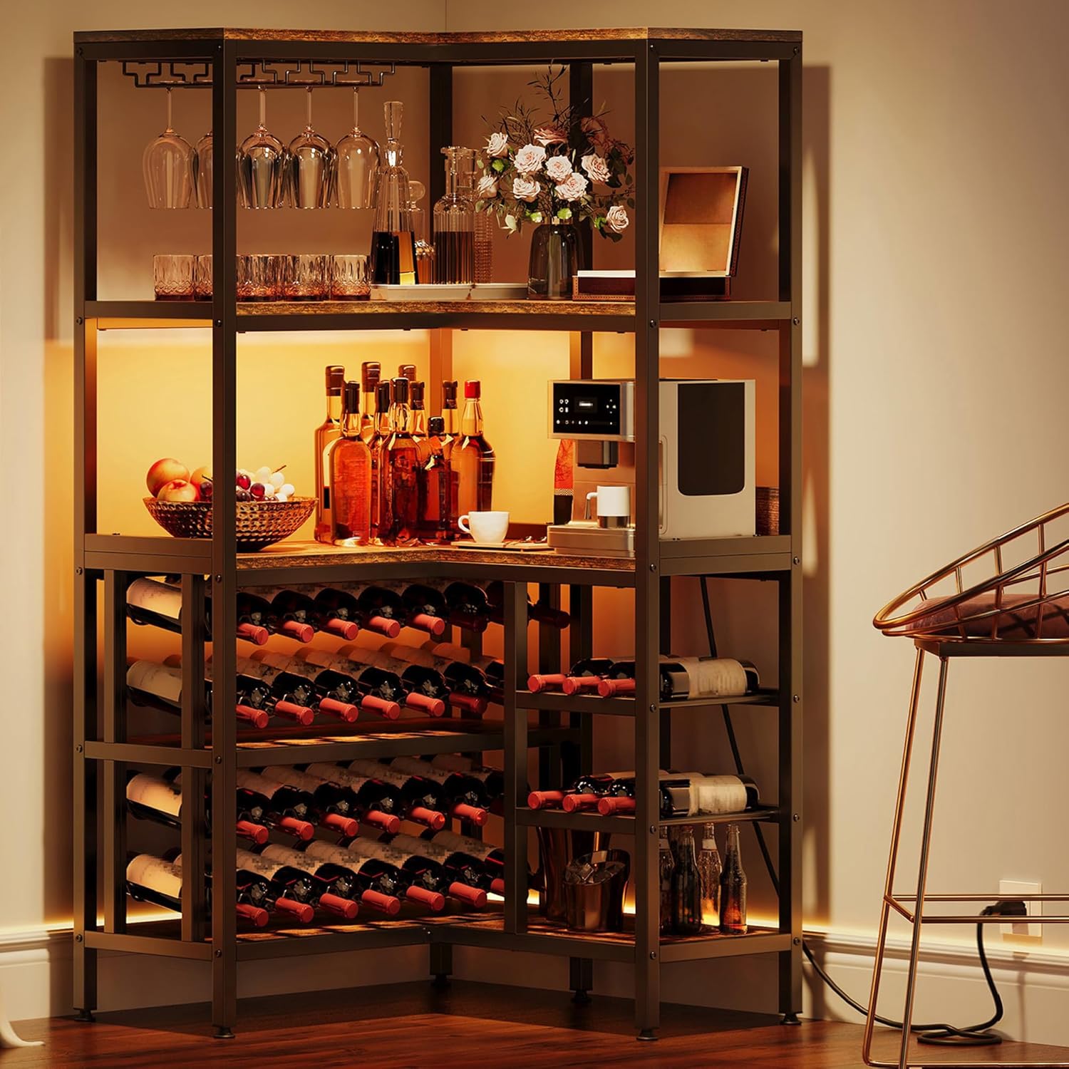 YITAHOME Large Corner Wine Rack, 63'' Corner Bar Cabinet with Power Outlet and LED Light, 5-Tier L Shaped Industrial Liquor Cabinets w/Glass Holder, Open Display Cabinet for Home, Brown