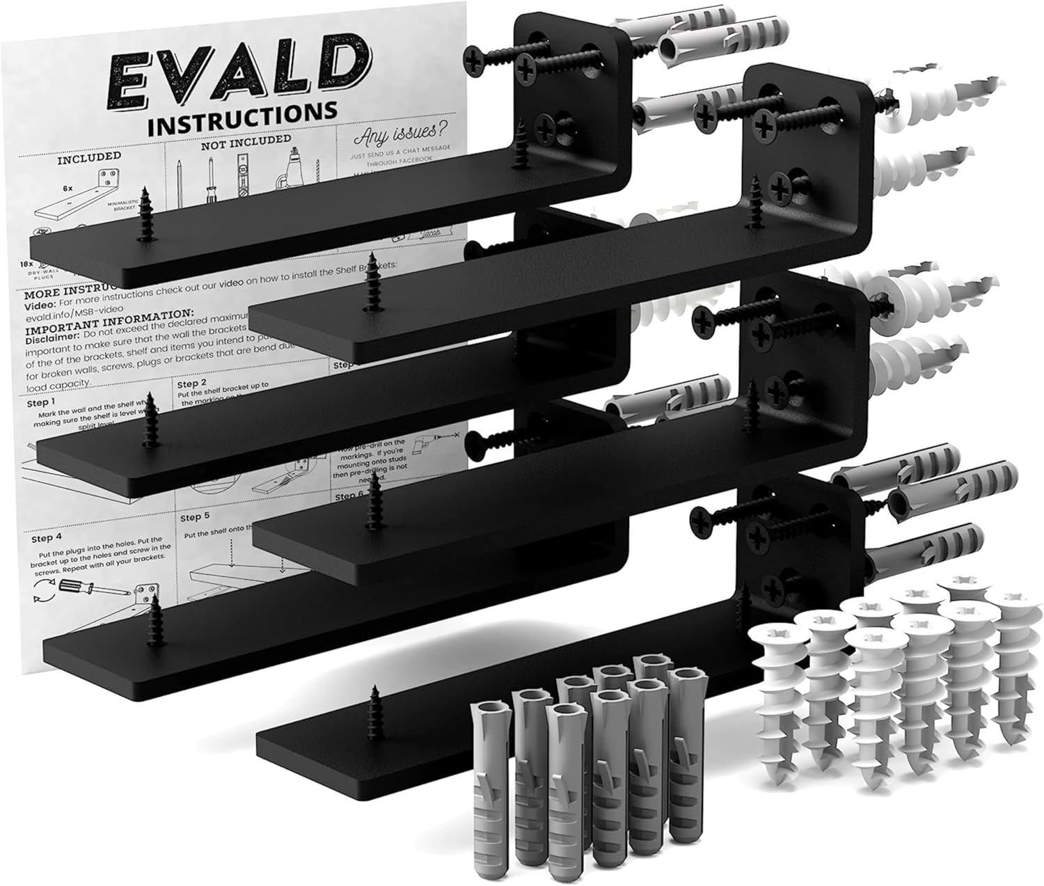 EVALD Floating Shelf Brackets | Hidden Black Carbon Steel Brackets for 6-inch Board (5 1/4" True Size) Kitchen, Nursery | Minimalist Design for Fireplace Mantel, Bookshelves, Bar Wall Shelves 6 Pack