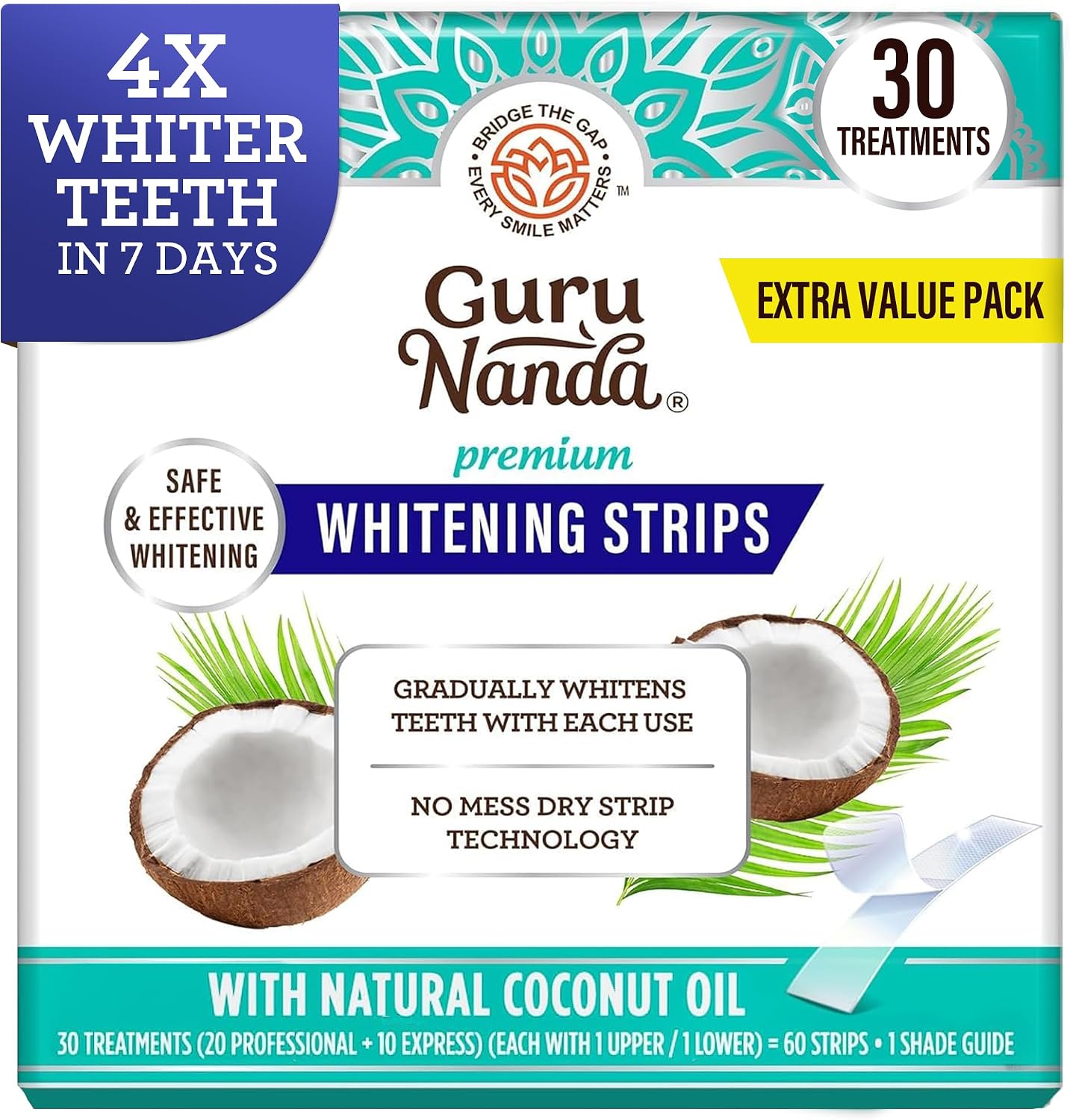 GuruNanda Teeth Whitening Strips - 4X Whiter Teeth, 30-Day Whitening Kit