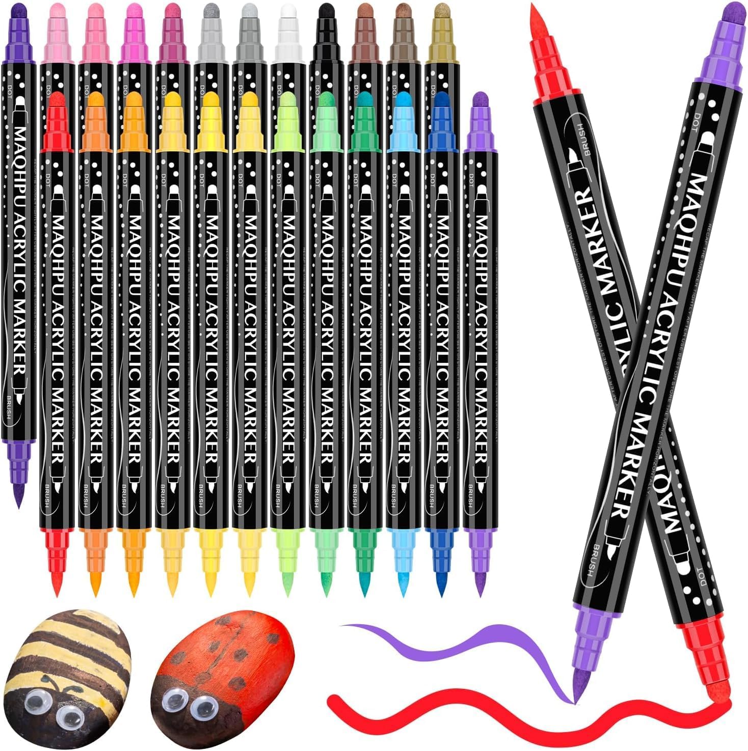 Maqhpu Acrylic Paint Pens, Arts and Crafts for Kids, 24 Colours Dual Tip Acrylic Markers for Rock Painting Stone Glass Ceramic Wood Metal, Round & Brush Tip Water Based Acrylic pens