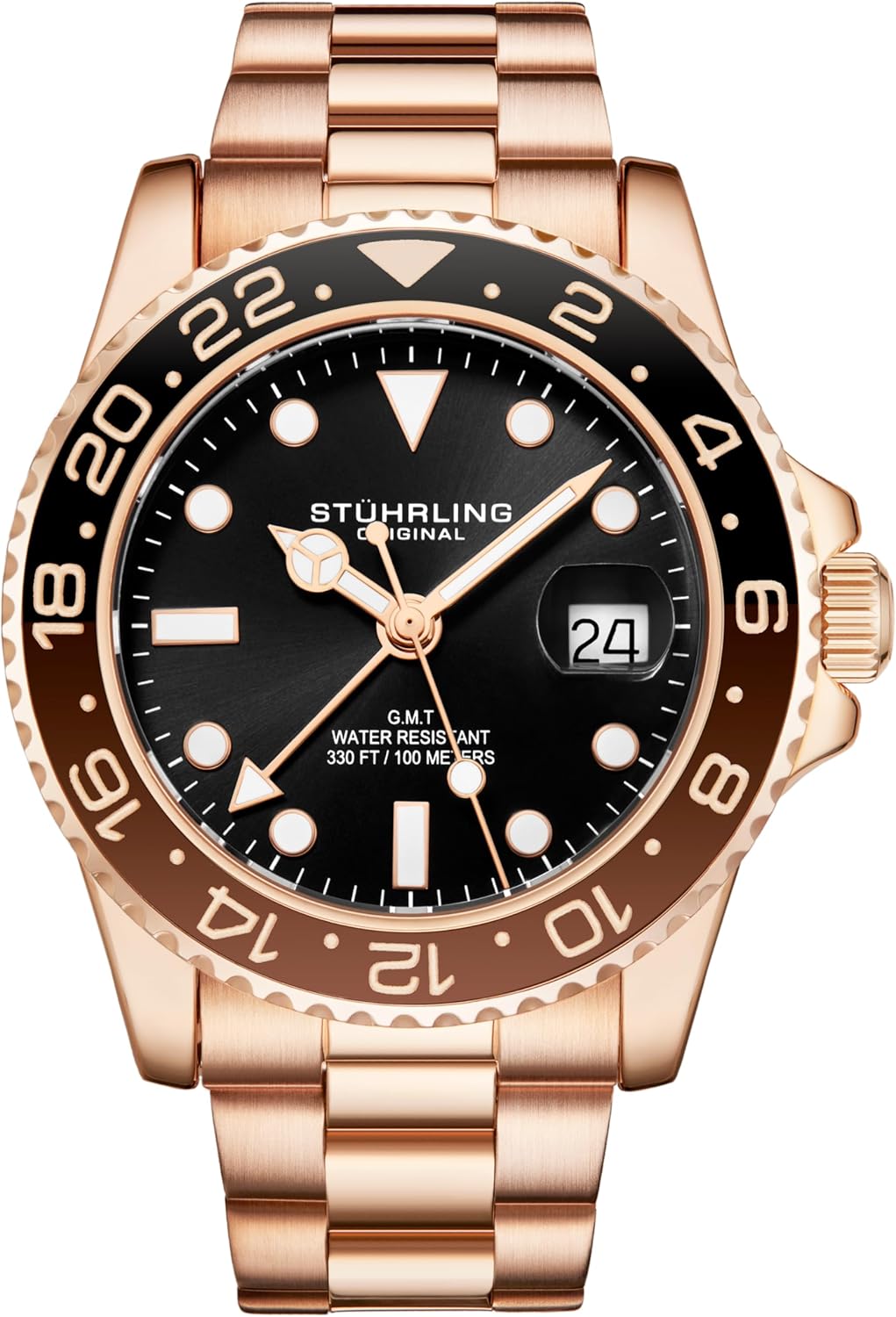 Stuhrling Original Men's Watch Stainless Steel Triple Row Bracelet Dual Time Date with Screw Down Crown