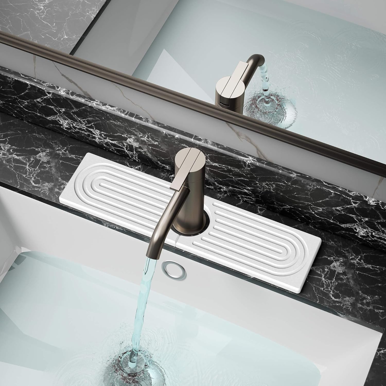 DK177 Faucet Mat for Kitchen Sink - Water Absorbing Stone Tray for Sink, Diatomite Fast-Drying Faucet Mat, Faucet Splash Guard for Bathroom Counter (White, 15.8" x 4")