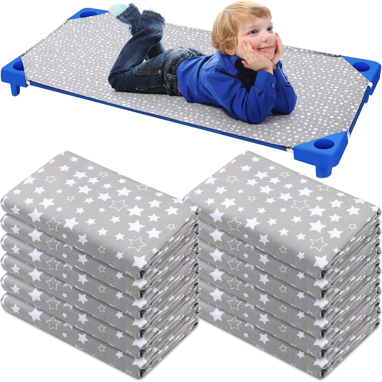 Peryiter 12 Pcs Nap Mat Sheets Cot Sheets for Daycare Toddler Standard Size 24" x 51" Star Pattern with Corner Elastic Loops Bed Fitted Cot Crib for Children Kids Boys Girls (Gray)