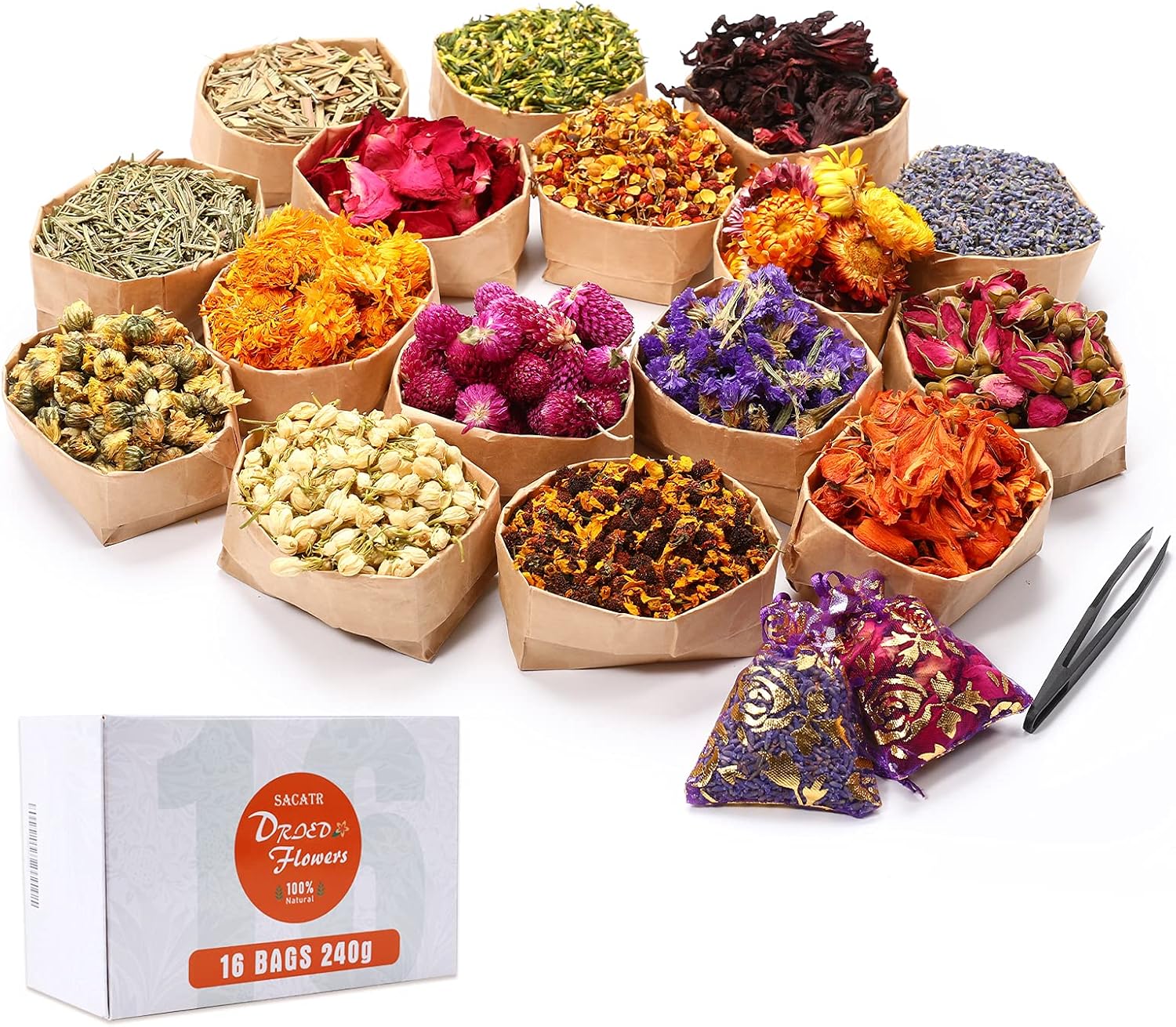 15g/Bag Dried Flowers,100% Natural Dried Flowers Herbs Kit for Soap Making, DIY Candle Making,Bath - Include Rose Petals,Lavender,Don't Forget Me,Lilium,Jasmine,Rosebudsand More(16 Bags)