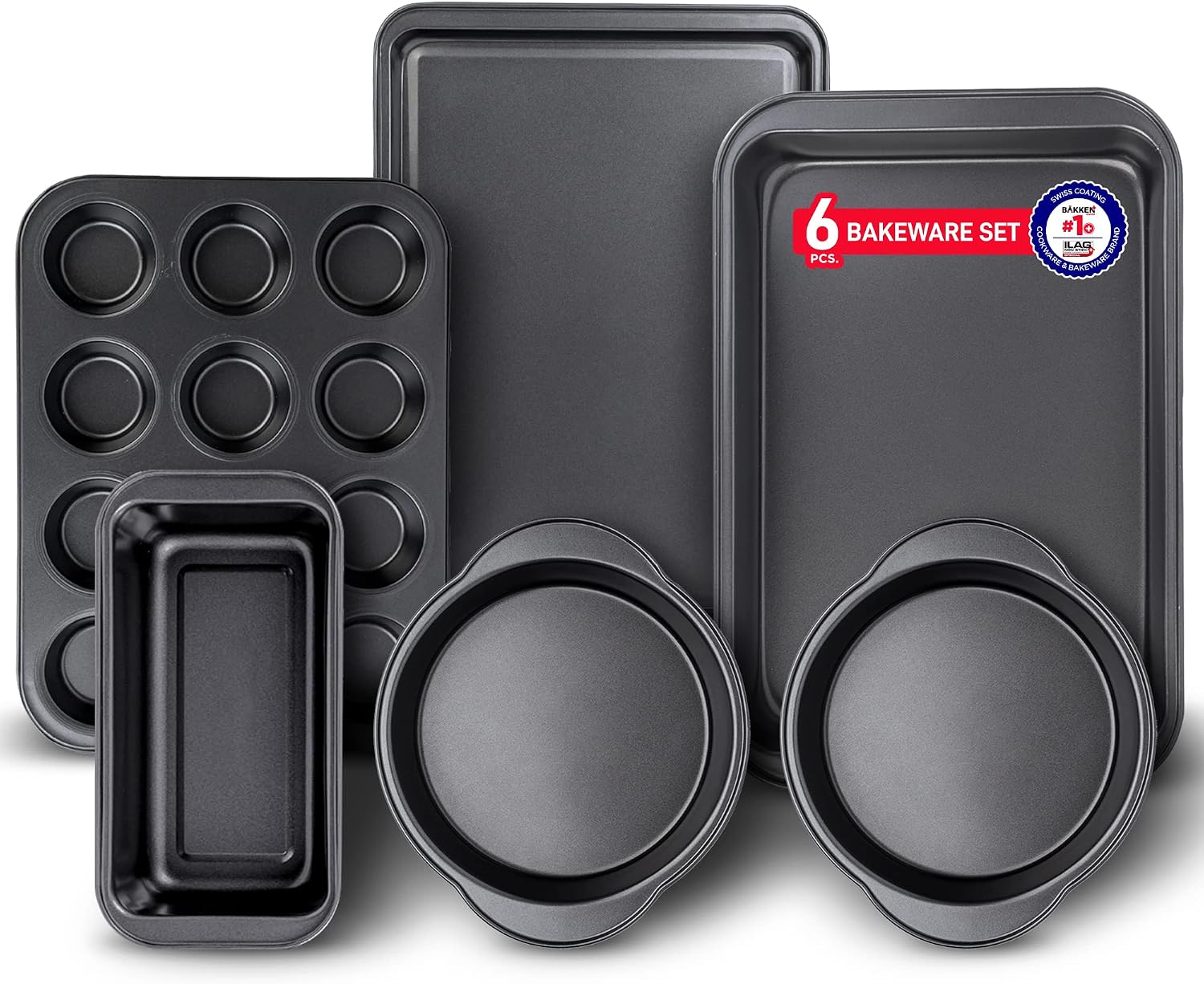 Baking Set – 6 Piece – Deluxe Non Stick Black Coating Inside and Outside – Carbon Steel Bakeware Set – PFOA PFOS and PTFE Free by Bakken