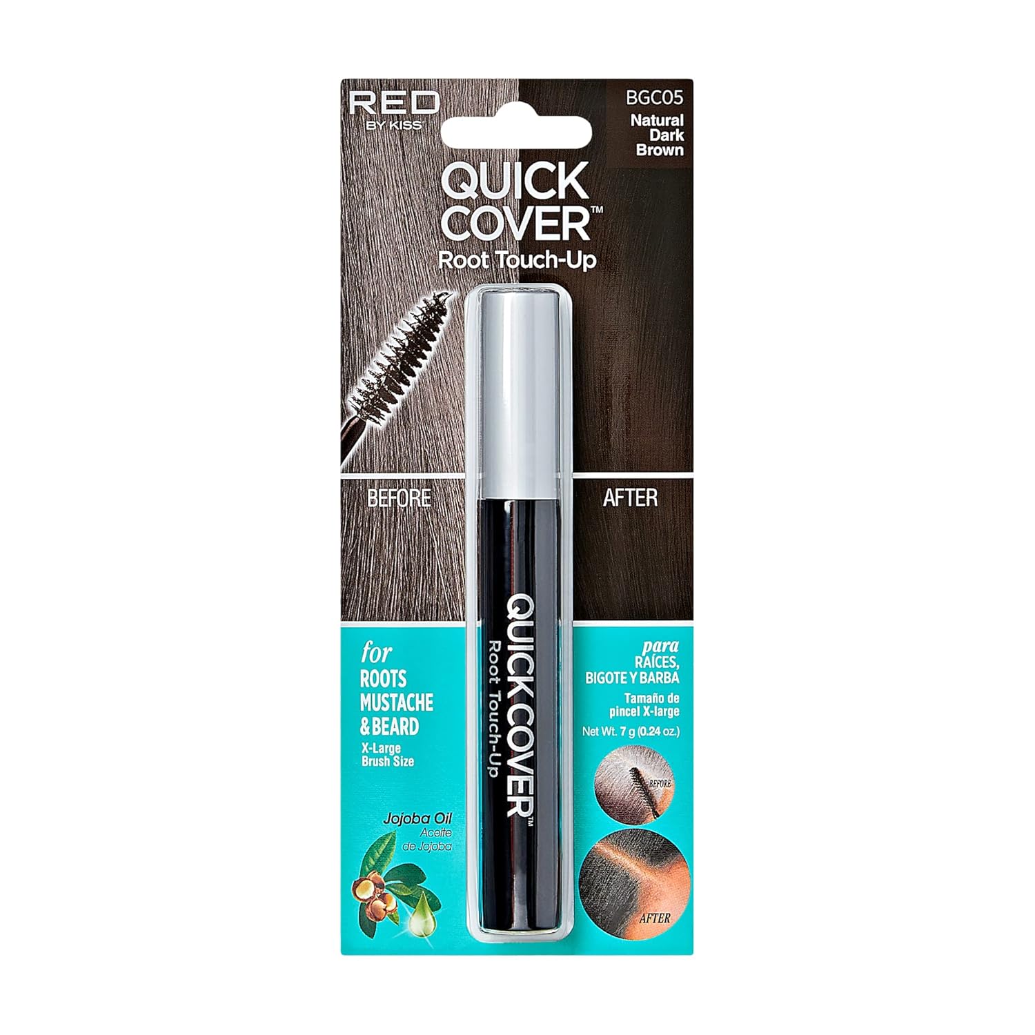 RED by Kiss Quick Cover Root Touch Up Rescue, Mascara Natural Water-Resistant Temporary Gray Concealer Cover Up Brush for Hair Mustache & Beard (Natural Dark Brown)