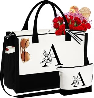 YOOLIFE Christmas Gifts for Women - Stocking Stuffers Initial Canvas Tote Bag Makeup Bag Birthday Gifts for Women Mom Teacher