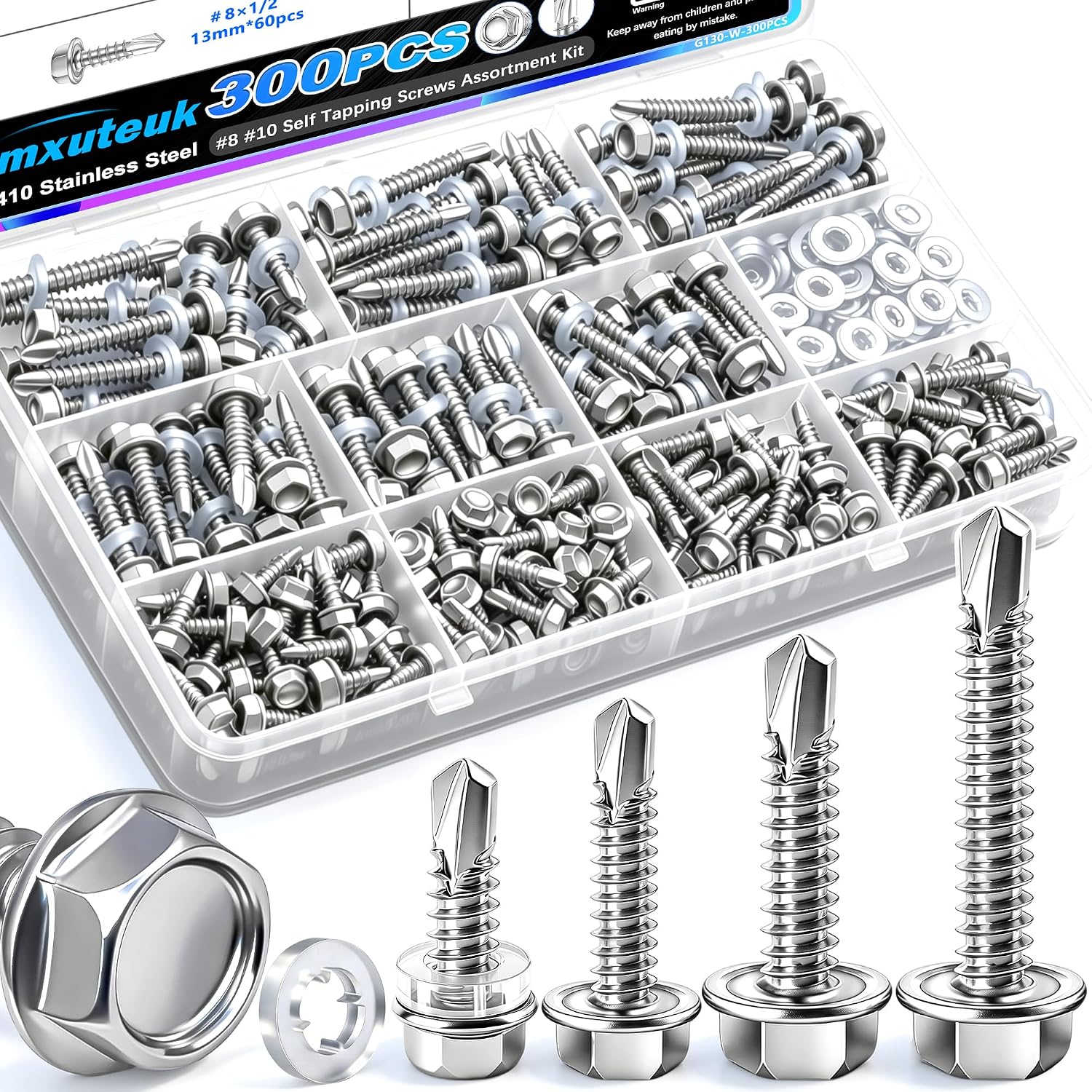 mxuteuk 300PCS #8#10 Self Tapping Screws for Metal,410 Stainless Steel