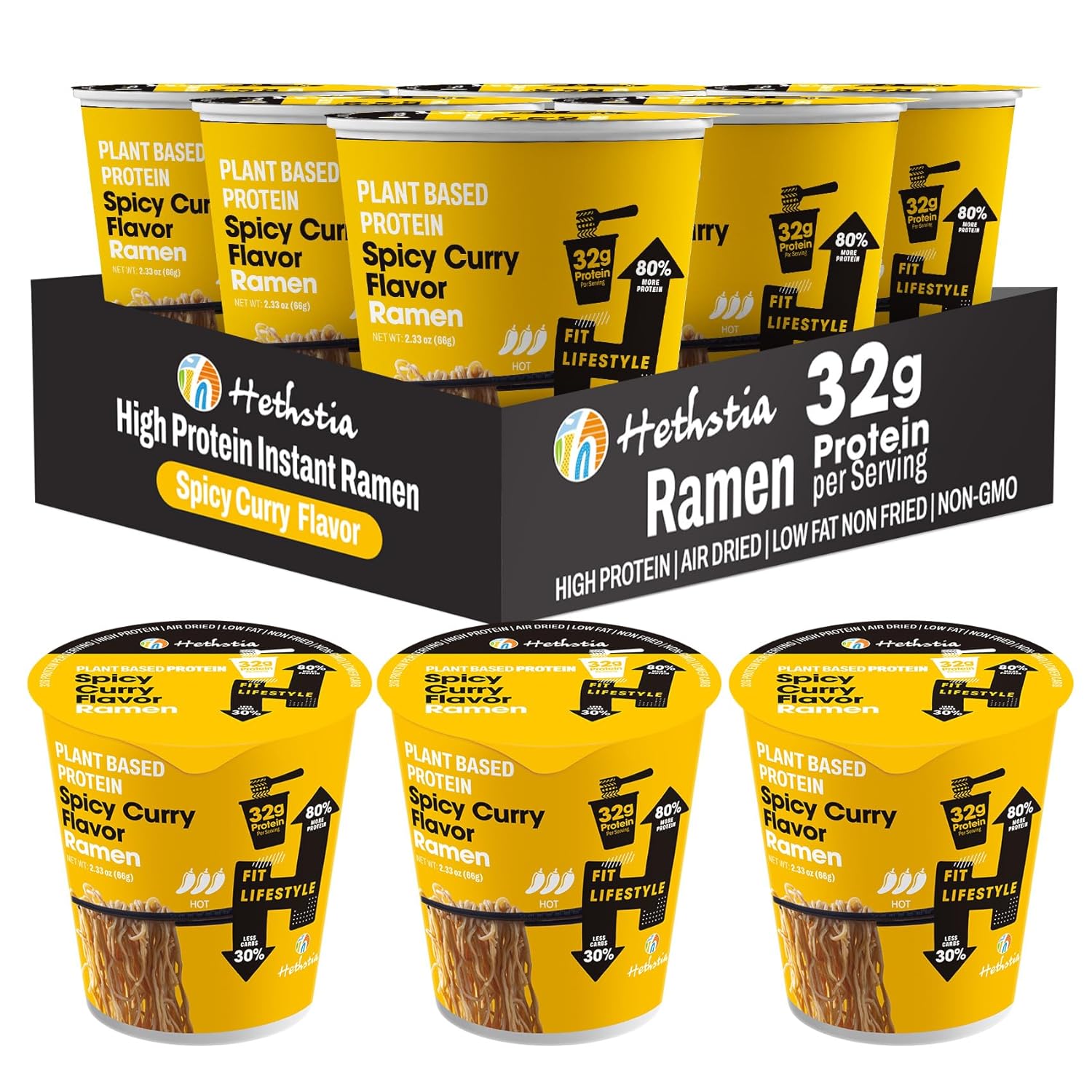 Hethstia Protein Ramen, Spicy Curry Flavor Pre-Packaged Ramen Soup Cup, 6-Pack Instant High-Protein Noodle Broth, 32g Plant Protein, Vegan, Low Fat, Air-Dried, Non-GMO, Healthy Meal