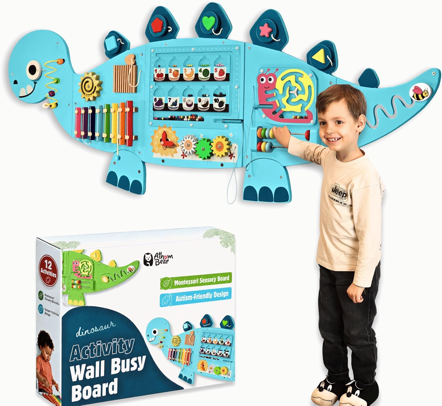 Dinosaur Wall Busy Board, Montessori Toy, Sensory Wall Panel for Kids 2-6