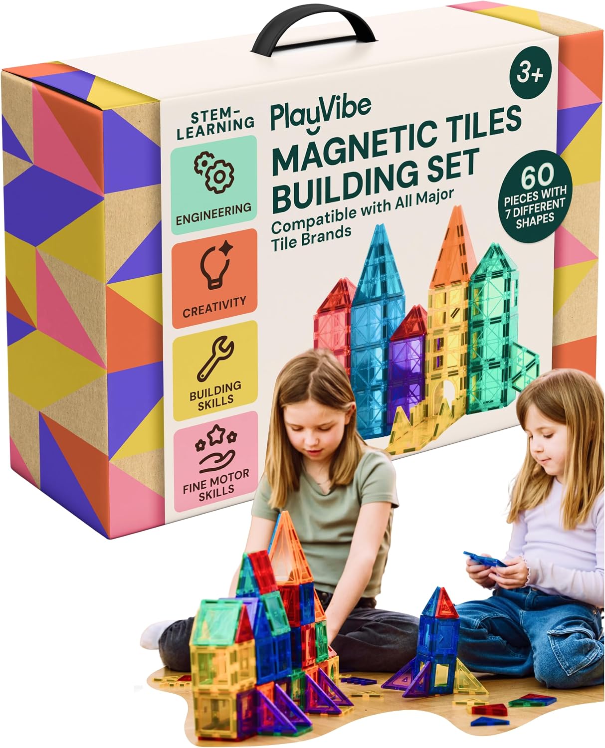PLAYVIBE Magnetic Tiles - 60 Piece Set, Multicolor, STEM Toys | 60pc magnetic building tiles - strong magnets - Use for STEM play, sensory learning & kids gifts