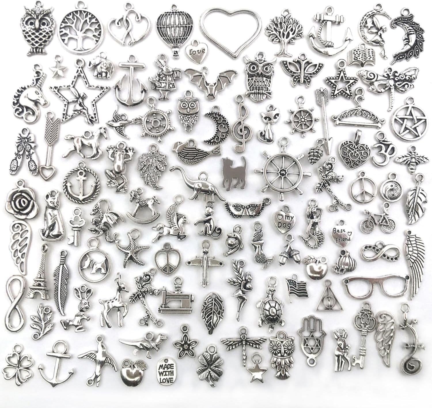 100PCS Mixed Silver Charms Set - Tibetan Silver Pendant Assortment for Jewelry Making, Bracelets, and DIY Crafts