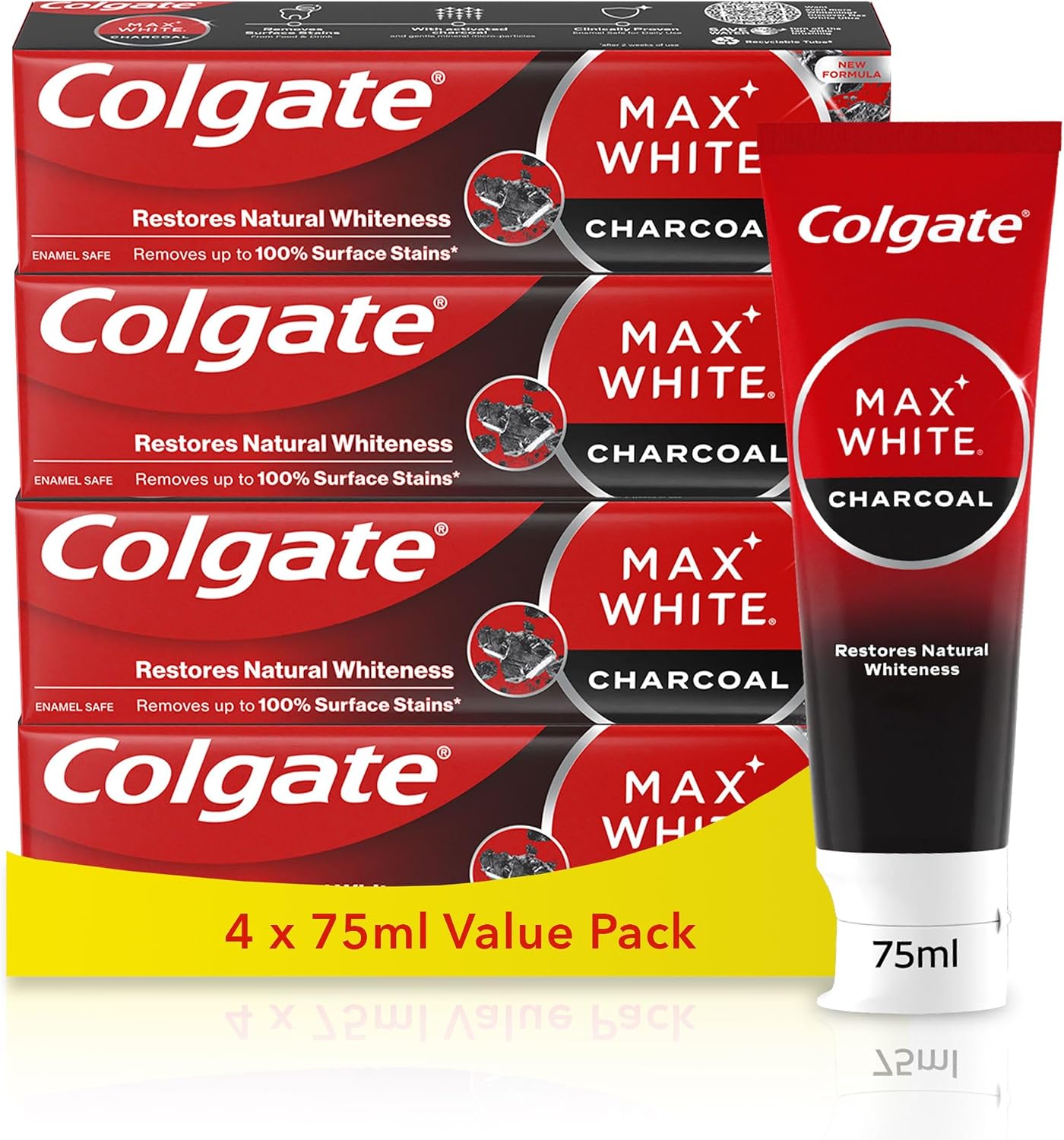 Colgate Max White Charcoal Toothpaste, Activated Charcoal, Clinically Proven to Remove up to 100 Percent Surface Stains*, Multipack, 4 Pack, 75ml Tubes