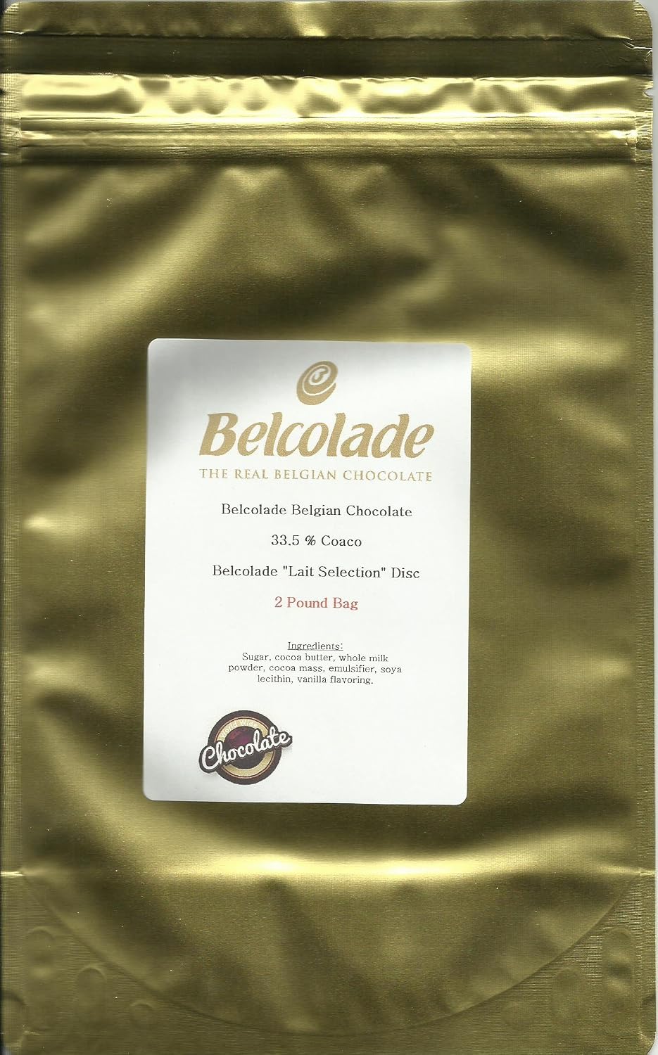 Belcolade Belgian Chocolate - Milk Chocolate Discs, "Lait Selection", 33.5% Cocoa, Gold Bag, 2 Pound Bag