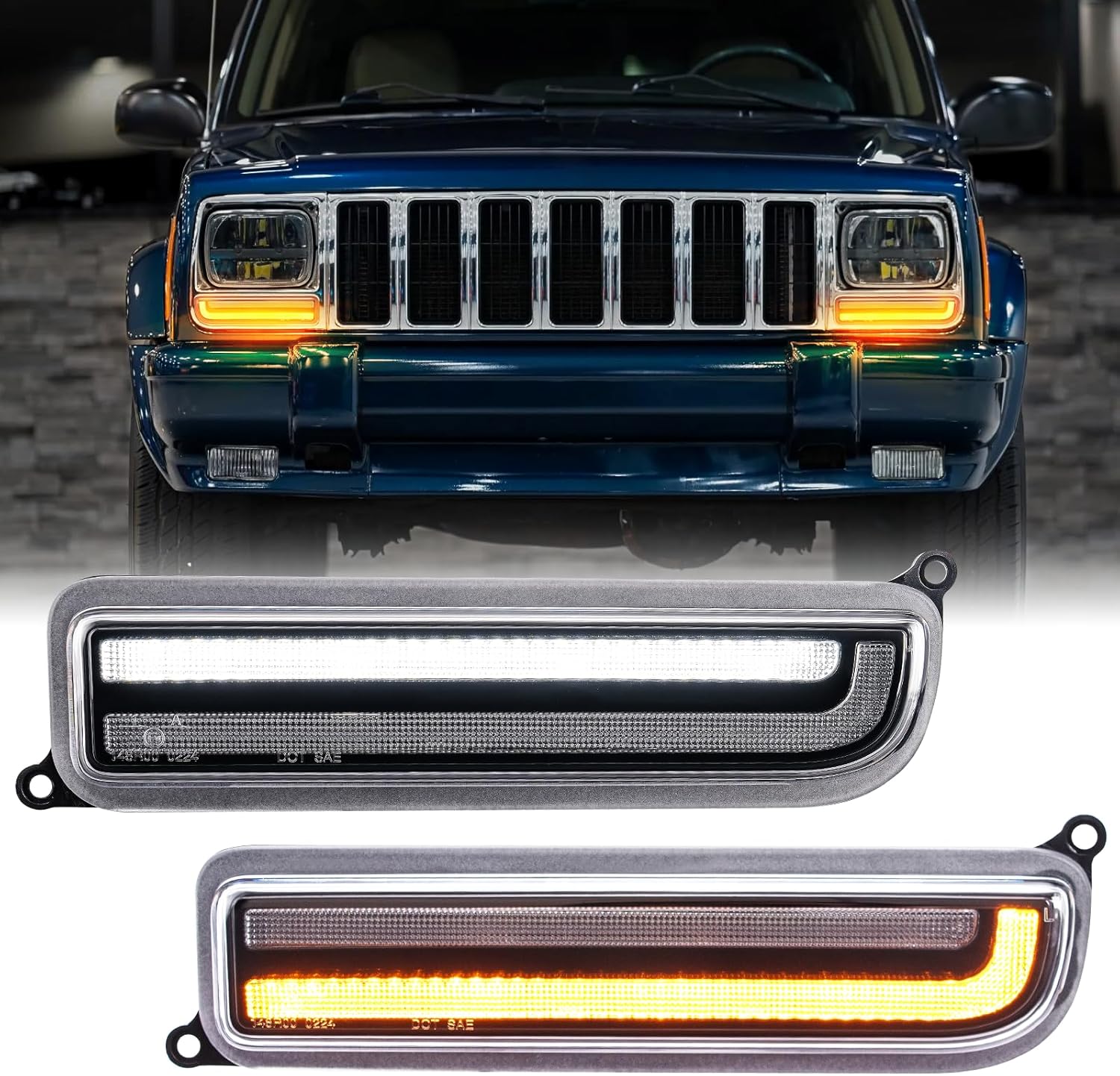 LED Front Corner Marker Lights Compatible with Cherokee XJ 1997-2001, Amber Dynamic Sequential Turn Signal Light, White Parking Light, Clear Len