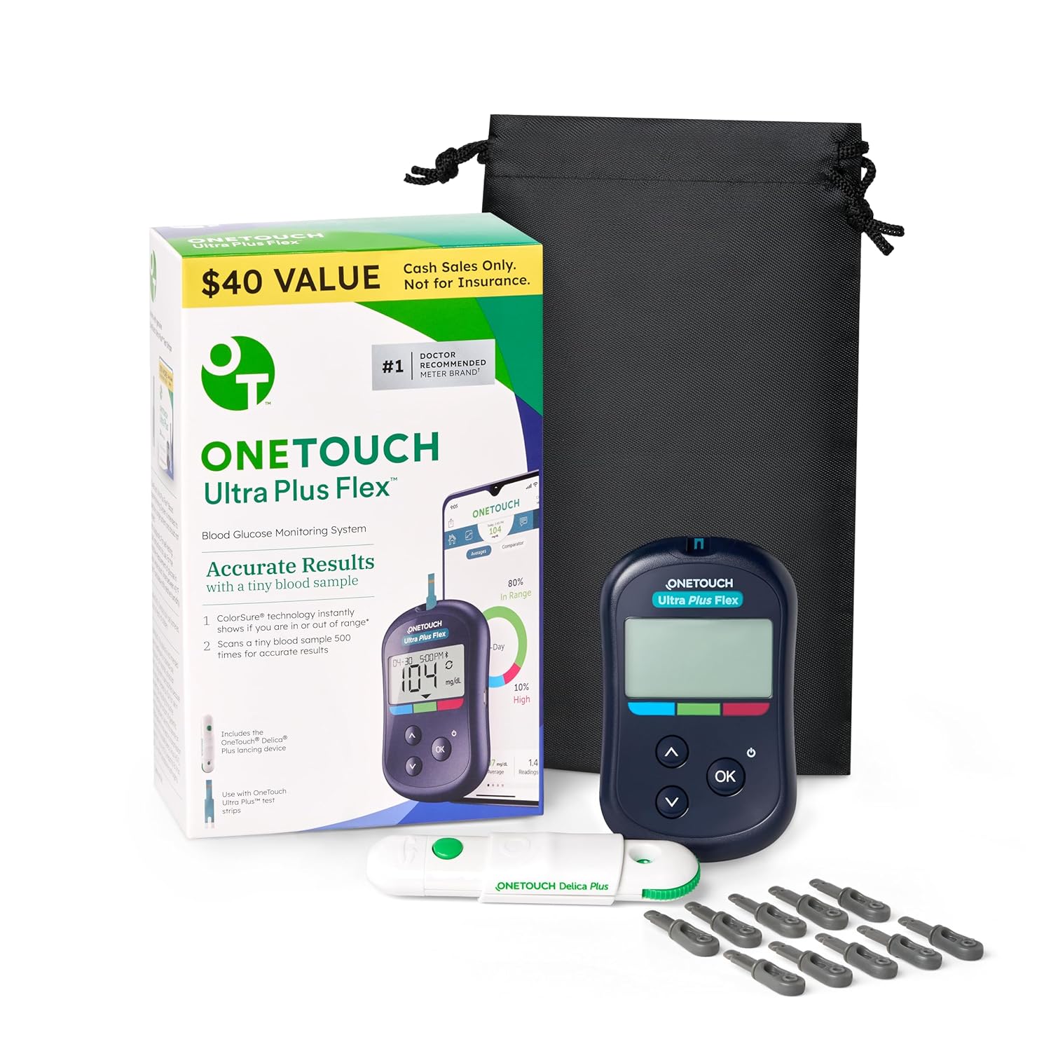 OneTouch Ultra Plus Flex Bonus Kit - Includes Ultra Plus Flex Blood Glucose Meter, 10 Lancets, Lancing Device & Carrying Pouch - Diabetes Care Supplies
