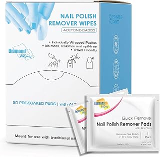 Diamond Wipes Nail Polish Remover Wipes with Aloe Vera, Acetone Nail Polish Remover Pads, 50 Individually Wrapped Nail Polish Wipes