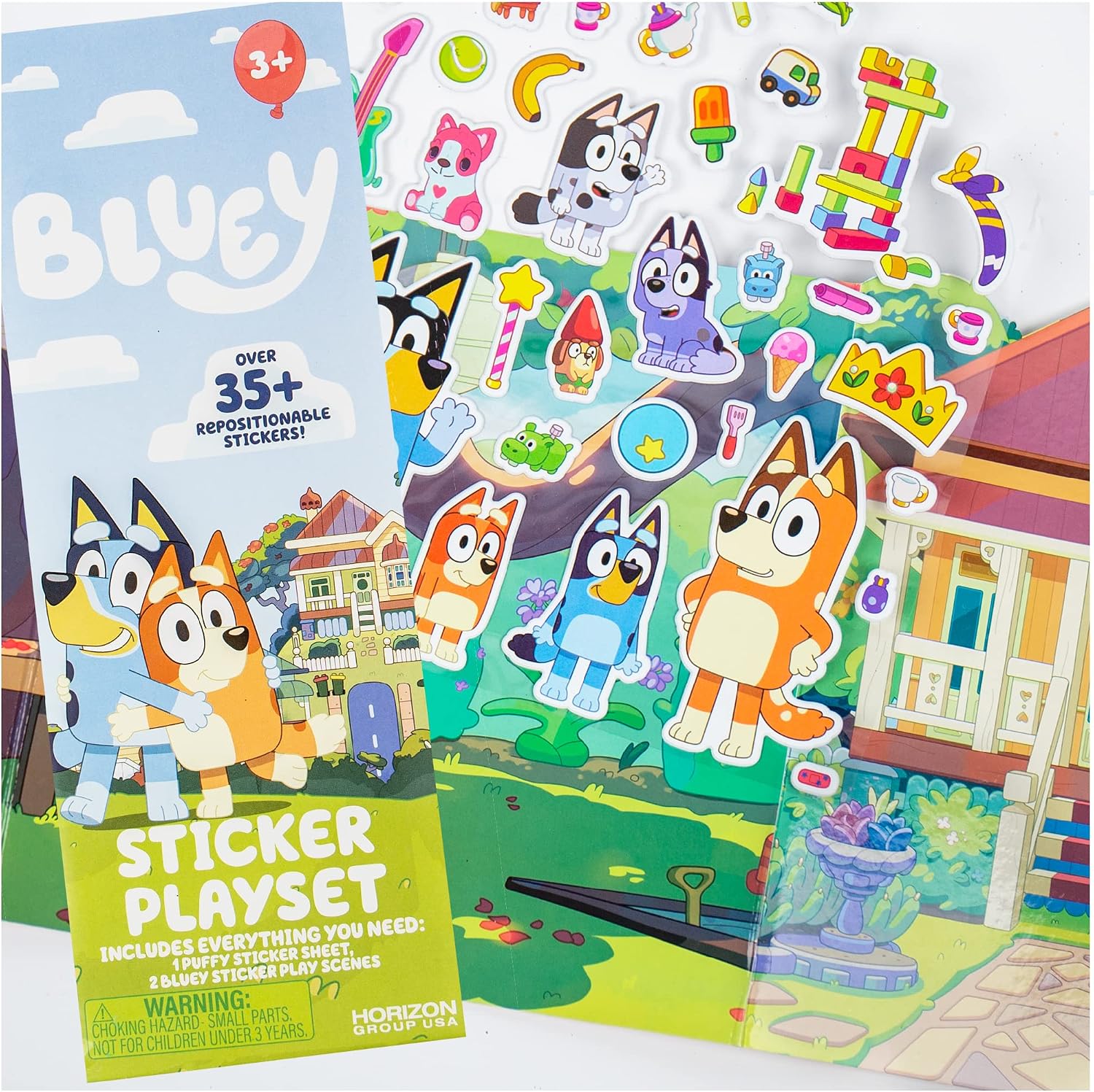 Horizon Group USA Bluey Sticker Playset, 2 Sticker Play Scenes, 35+ Reusable Puffy Bluey Repositionable Stickers for Kids, Perfect for Travel, Screen-Free Fun