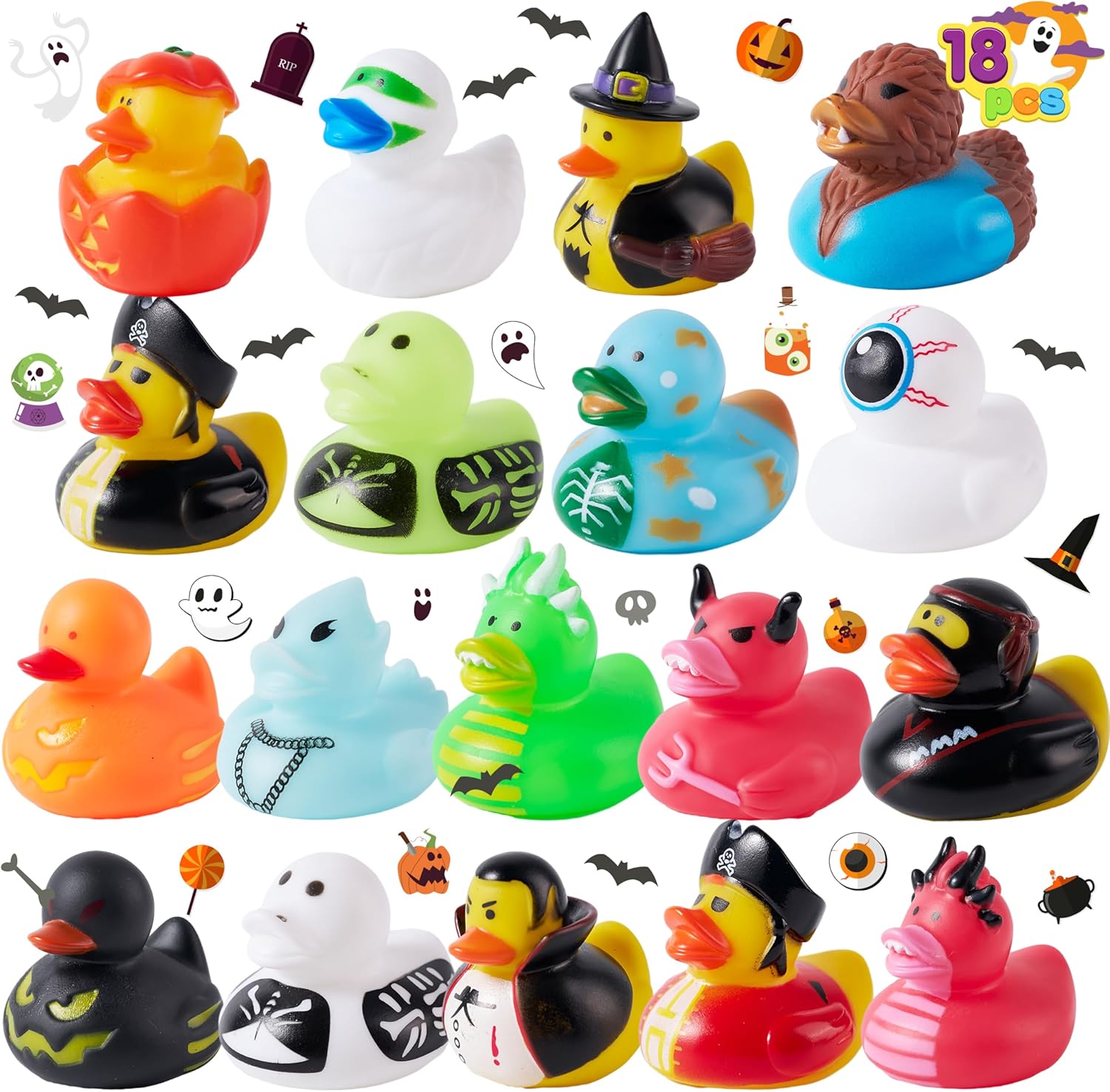 JOYIN 18 pcs Halloween Novelty Rubber Duckies, Halloween Classic Featured Duckies Great for Halloween Party Favors, Baby Baths, Halloween Themed Pool and Celebrations (13242)