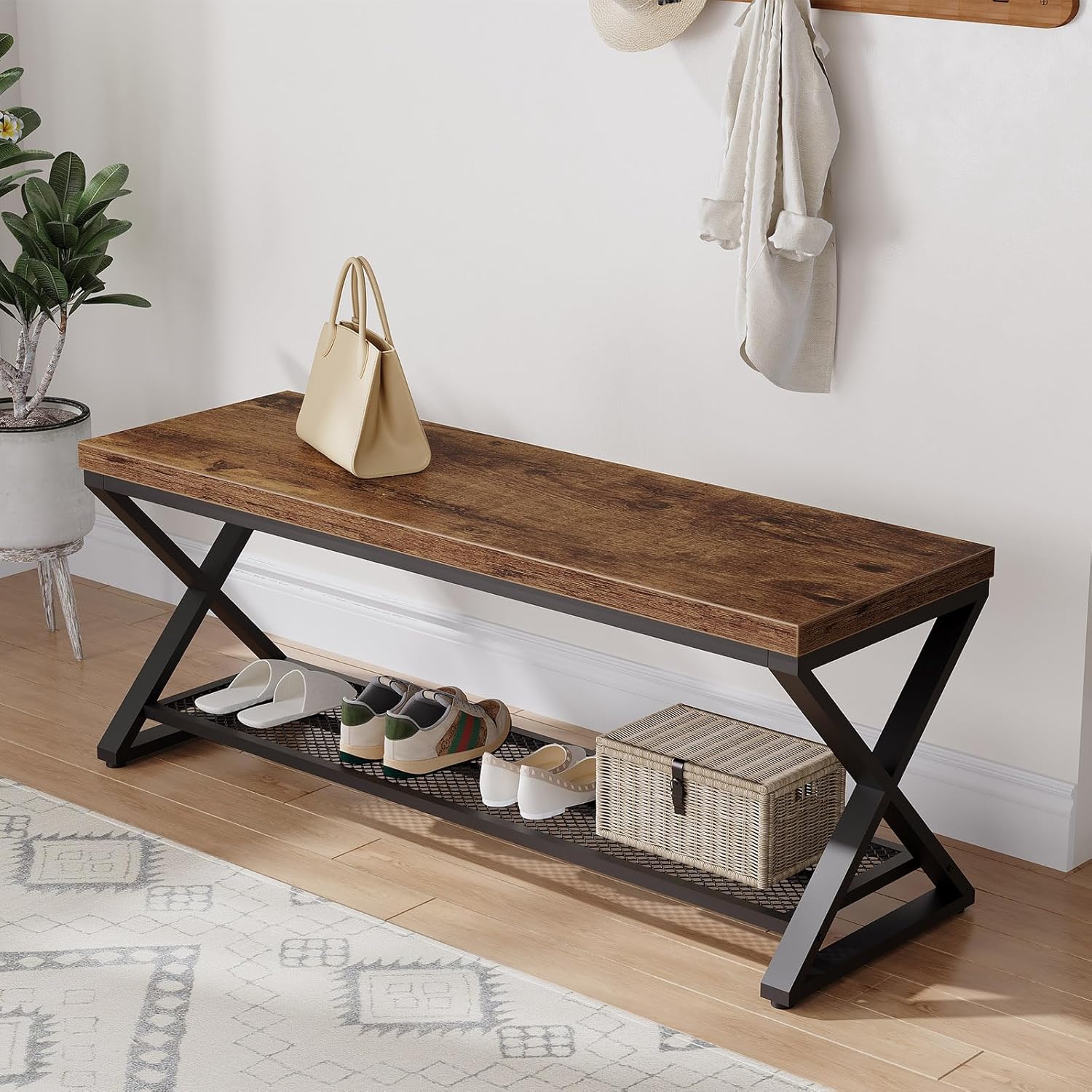 LVB Rustic Brown Industrial Entryway Bench with Storage, Indoor Wood and Metal Storage for Living Room Bedroom, Accent Shoe Rack Seating Bench for Hallway Foyer Entrance, 120 CM