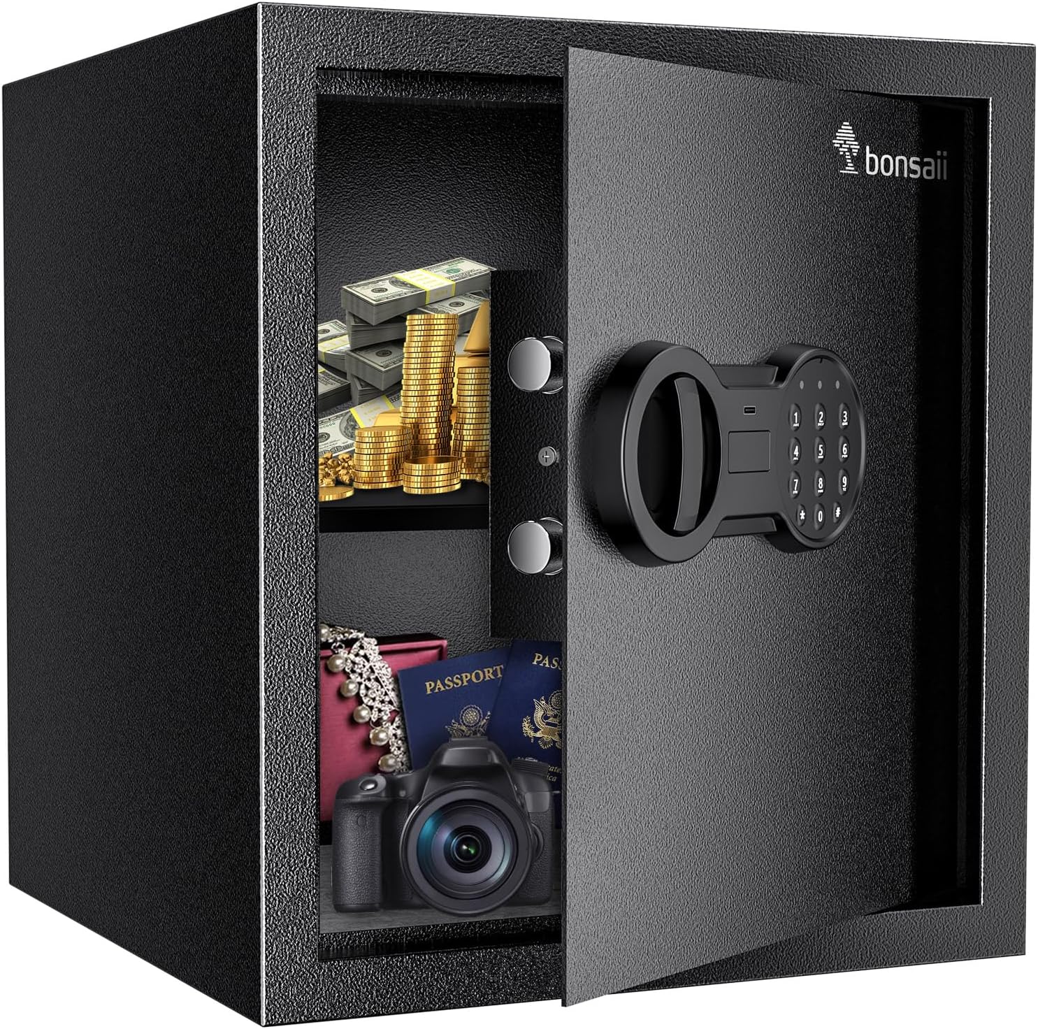 Bonsaii Steel Safe Box with Digital Keypad Lock, 1.2 Cubic Feet Security Document Safe with Removable Shelf for Home, Hotel, Office, Valuables, Money, 12.99 x 14.17 x 12.99 Inches