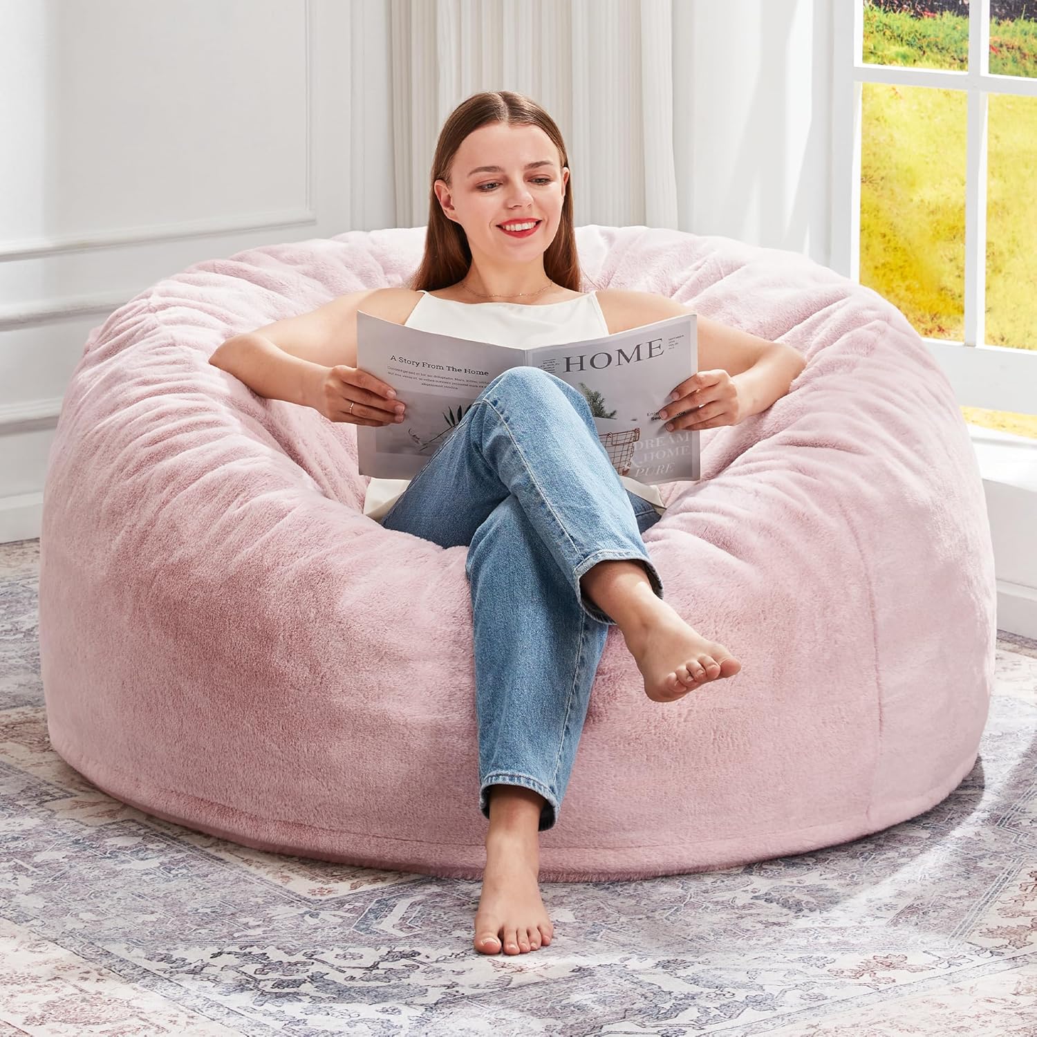 Hobestluk Bean Bag Chairs Giant Beanbag Chair with Filler, Memory Foam Bean Bags with Fluffy & Machine Washable Cover, Bean Bag Chairs for Aduts for Living Room, Bedroom (Pink, 3FT - 36” x 36” x 22”)