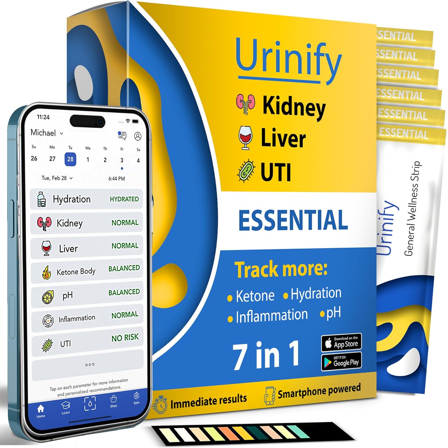 [URINIFY Essential] Mobile App Urine Test Strips and at Home UTI Test Strips, Kidney Test kit at Home, Hydration, Keto Test Strips, pH Test Strips, Liver Test, urinalysis Test, Protein, 6 Strip