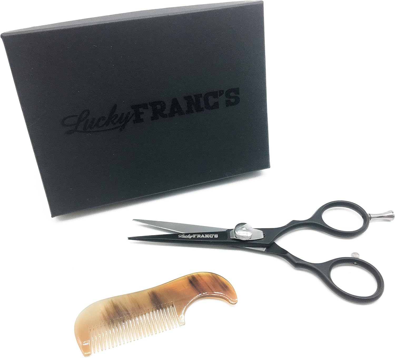 Lucky Franc's Beard Trimming Kit with Japanese Beard Scissors & Ox Horn Handmade Mini Beard Combs for Men - Mustache Trimmer Kit with Mustache Hair Scissors and Comb for Men - Handmade Beard Care Kit
