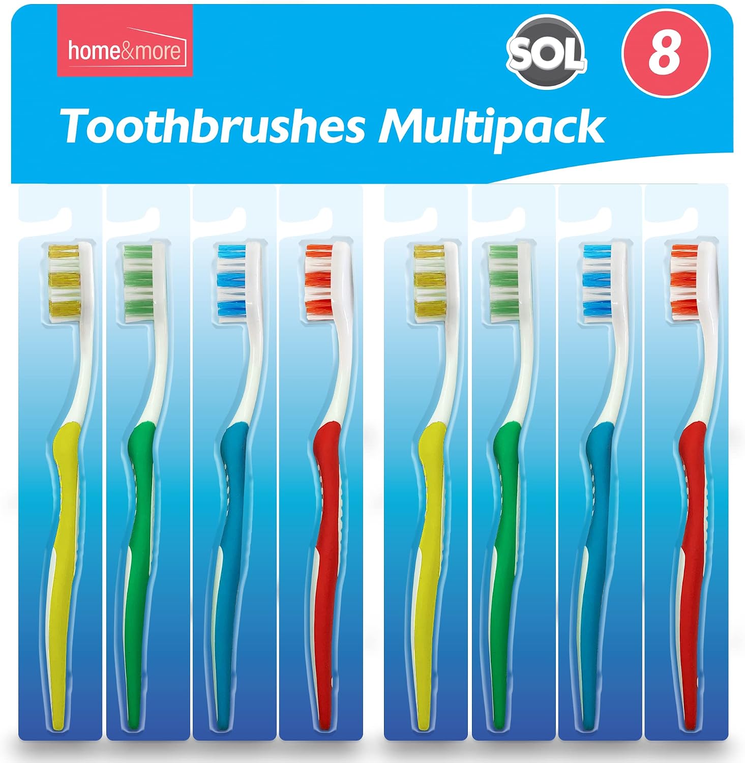 SOL 8pk Manual Toothbrush Multipack, Smokers Soft Tooth Brushes for Adults, Family Pack Assorted Colours, Firm Nylon Bristles for Effective Cleaning, Disposable, Ideal for Daily Oral Care