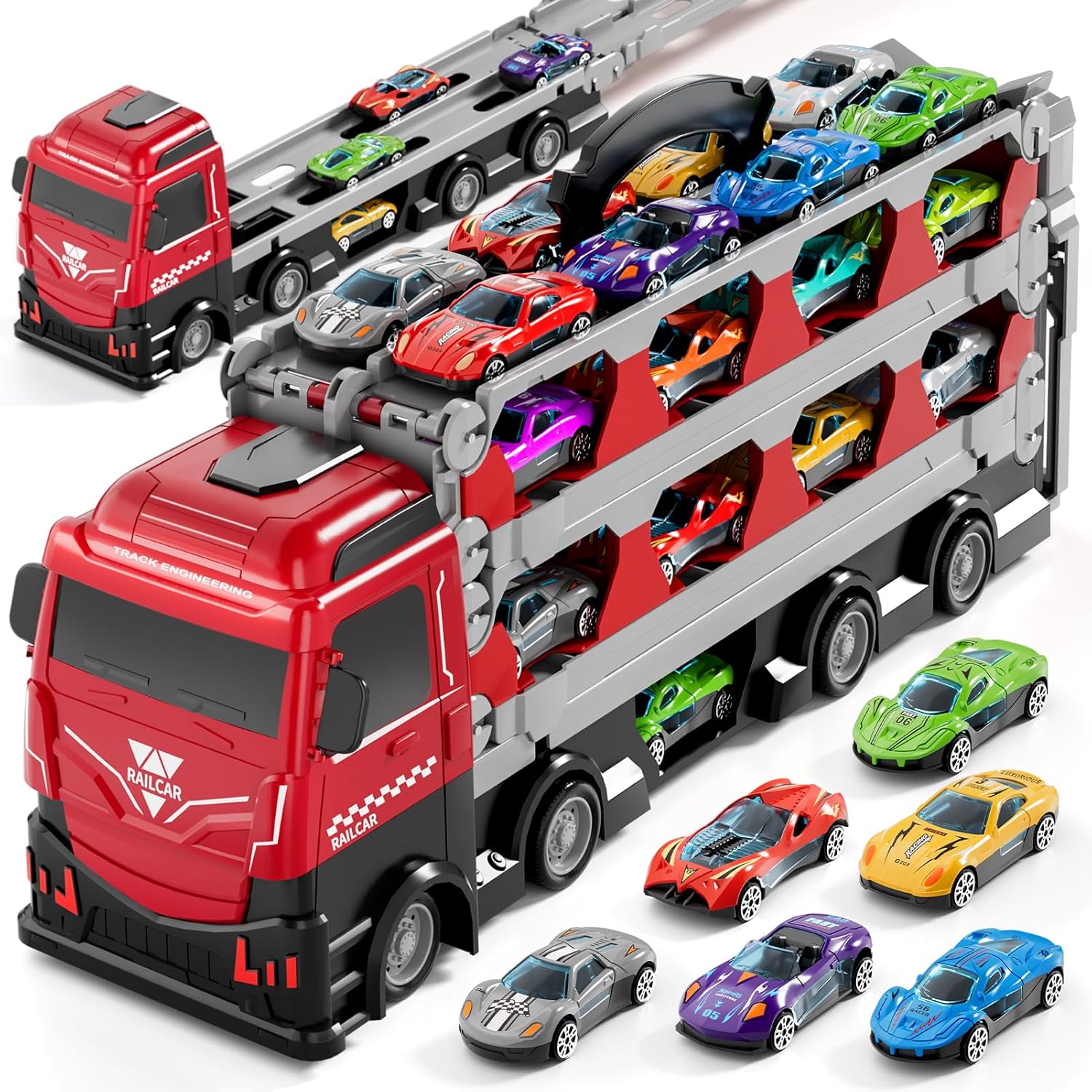 Ci Vetch 78-Inch Cars Trucks Toys for Toddler 2-4 3-5 4-7 Years Old Boys Kids, Transport Truck Toy with 24 Pcs Die-Cast Cars, Toys Gifts for 3 4 5 6 Year Old Boy, Toddler Boys Toy Ages 3-5 4-7