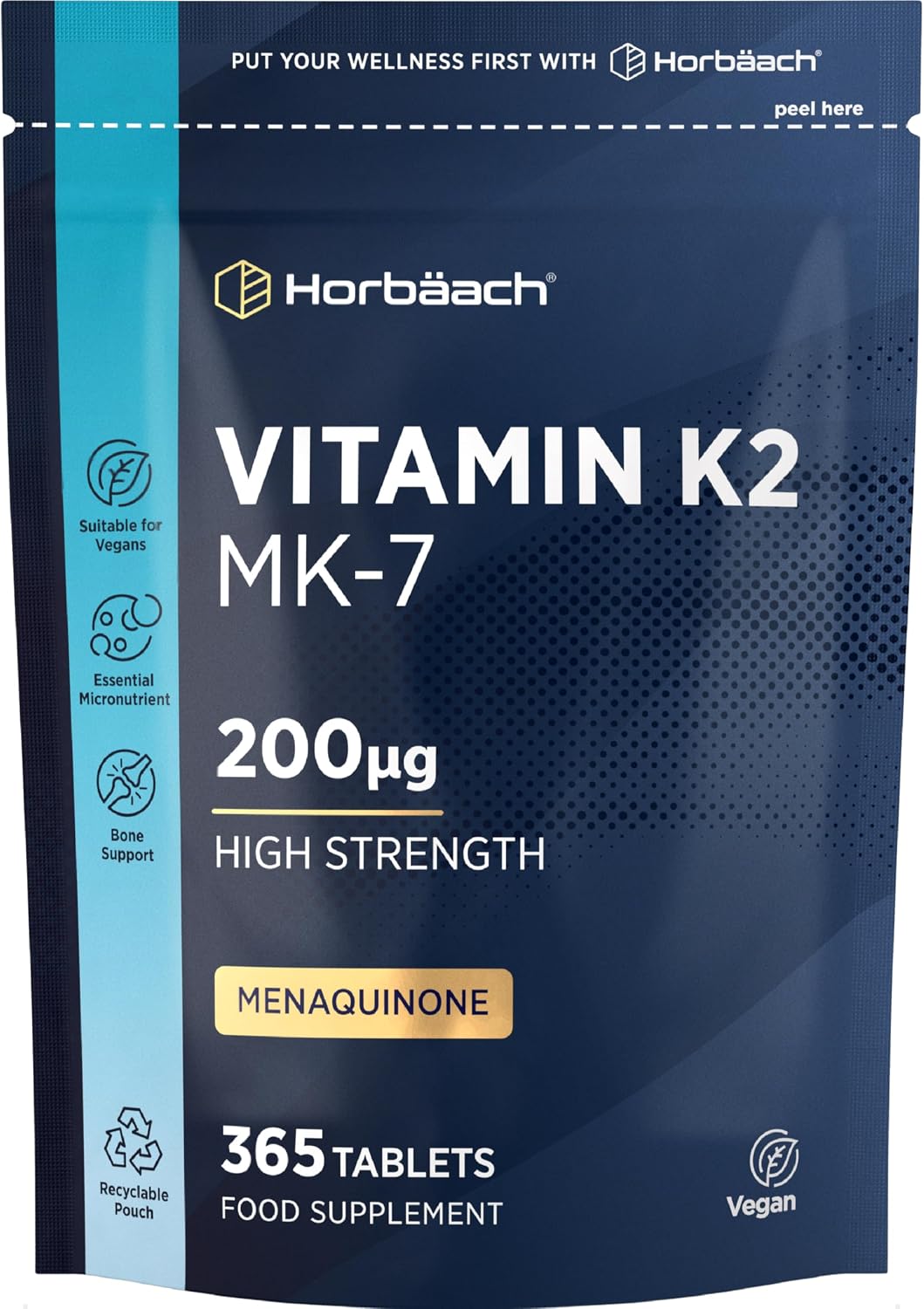 Vitamin K2 MK7 200ug | 365 High Strength Tablets | Menaquinone MK-7 | Suitable for Vegetarians and Vegans | by Horbaach