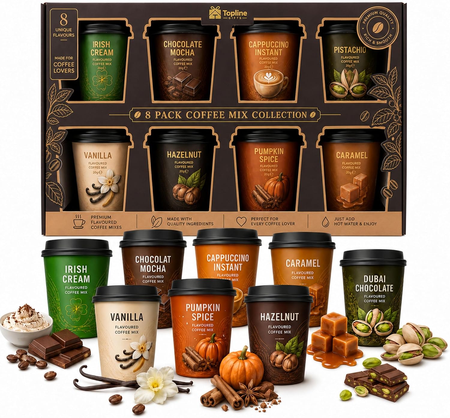 Instant Coffee Gift Set for Coffee Lovers - Unique 8 x 20g Flavoured Coffee Travel Takeout Cup Gift Box. Great for Birthday Gifts, Christmas Stocking Fillers