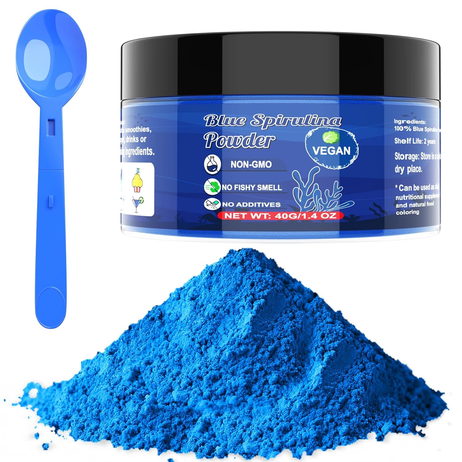 Blue Spirulina Powder - 40g Natural Blue Food Coloring, No Fishy Smell, 100% Vegan Phycocyanin Extract Spirulina Powder, Plant Based Food Dye for Cake Decorating, Smoothie, Baking, Drinks