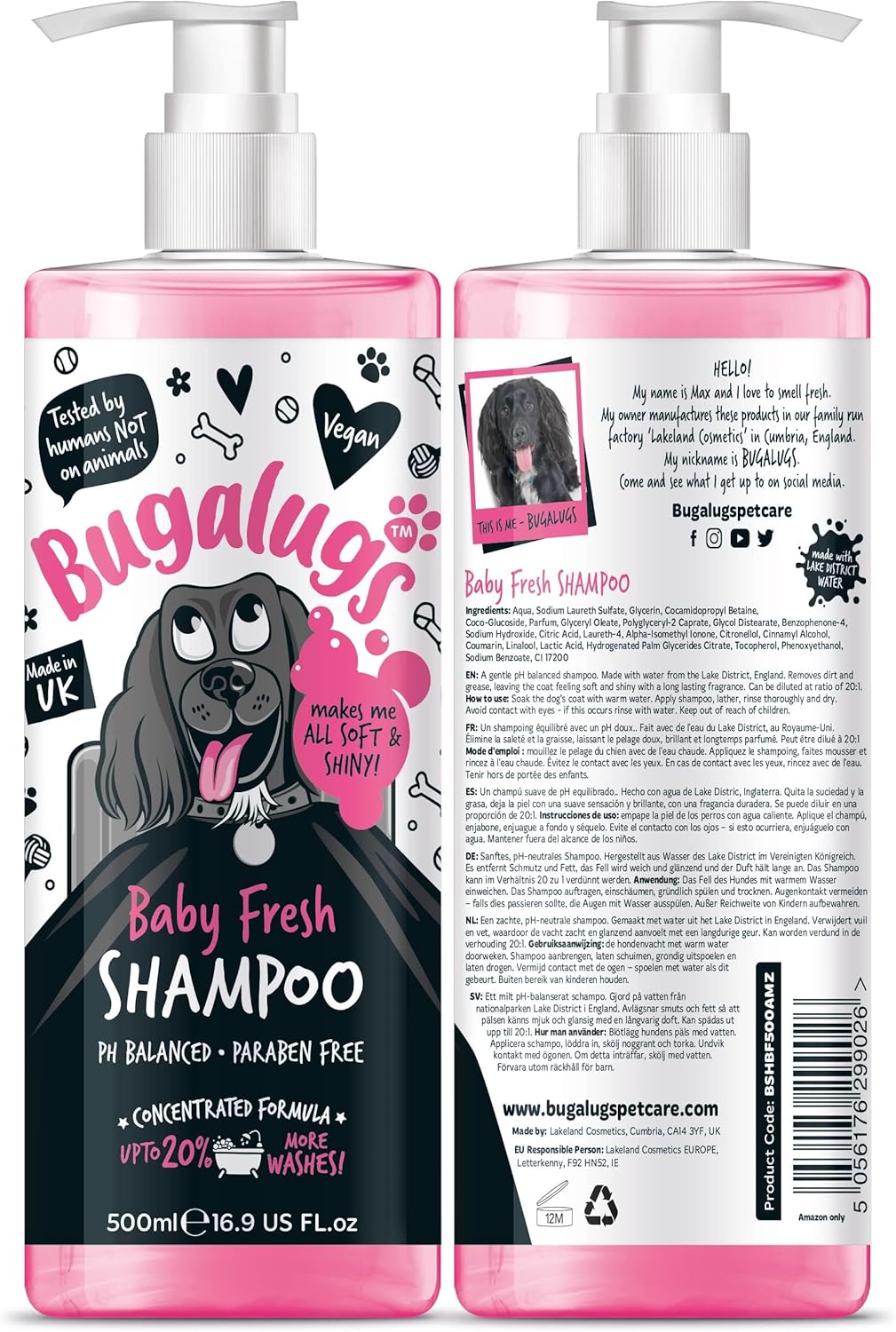 BUGALUGS Baby Fresh Dog Shampoo grooming products for smelly dogs with baby powder scent, best puppy shampoo and conditioner, Vegan pet shampoo professional (1x500ml)
