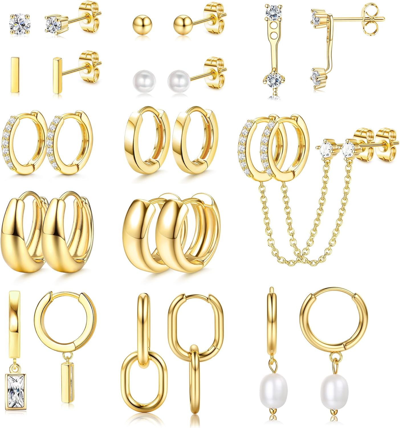 BESTEEL 13 Pairs Small Gold Hoop Earrings Set for Women 14K Gold Plated Lightweight Huggie Hoops Hypoallergenic Pearl Dainty Stud Hoop Earrings for Gift