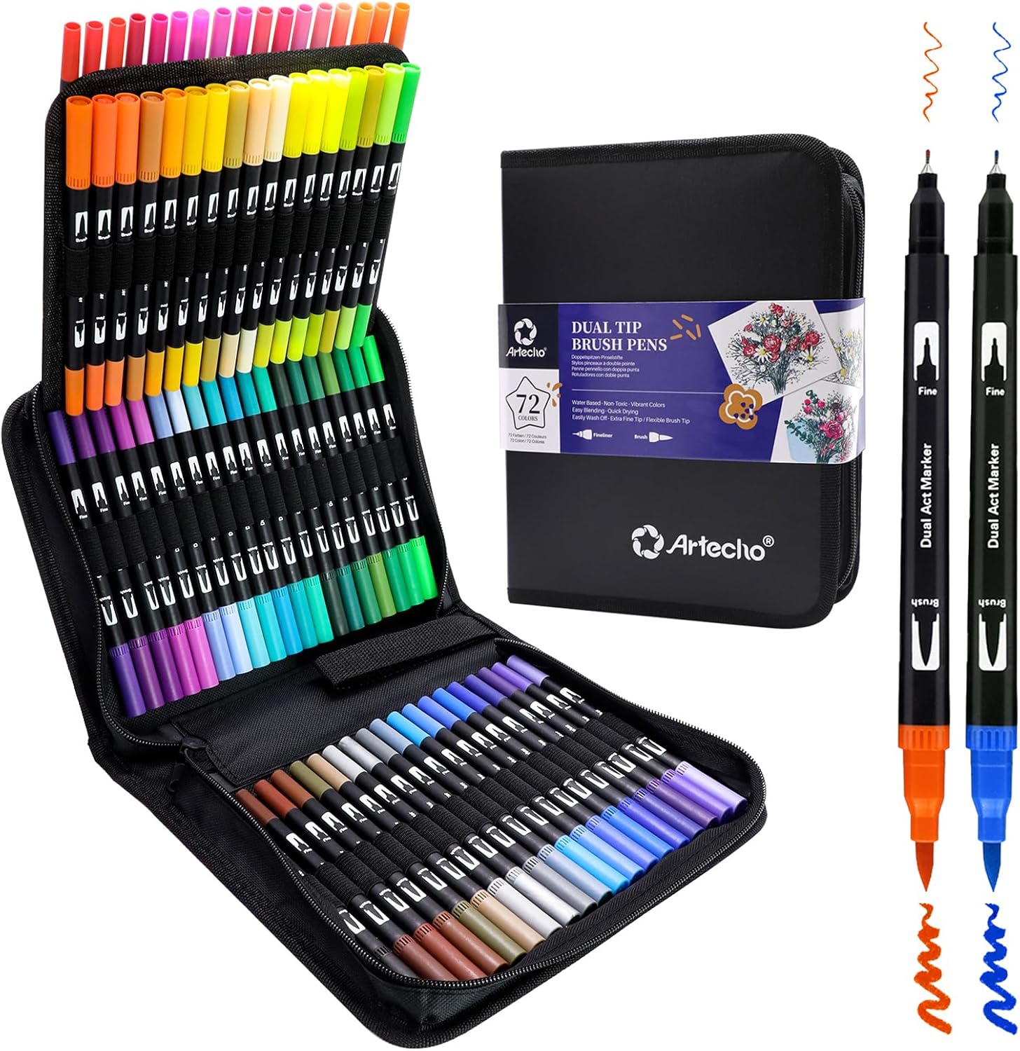 Artecho 72 Dual Tip Brush Pens with bag, Felt tip pens for adult colouring books, Colouring Pens for Adults, Calligraphy, Drawing, Sketching, Nylon tip for Artists, Beginners