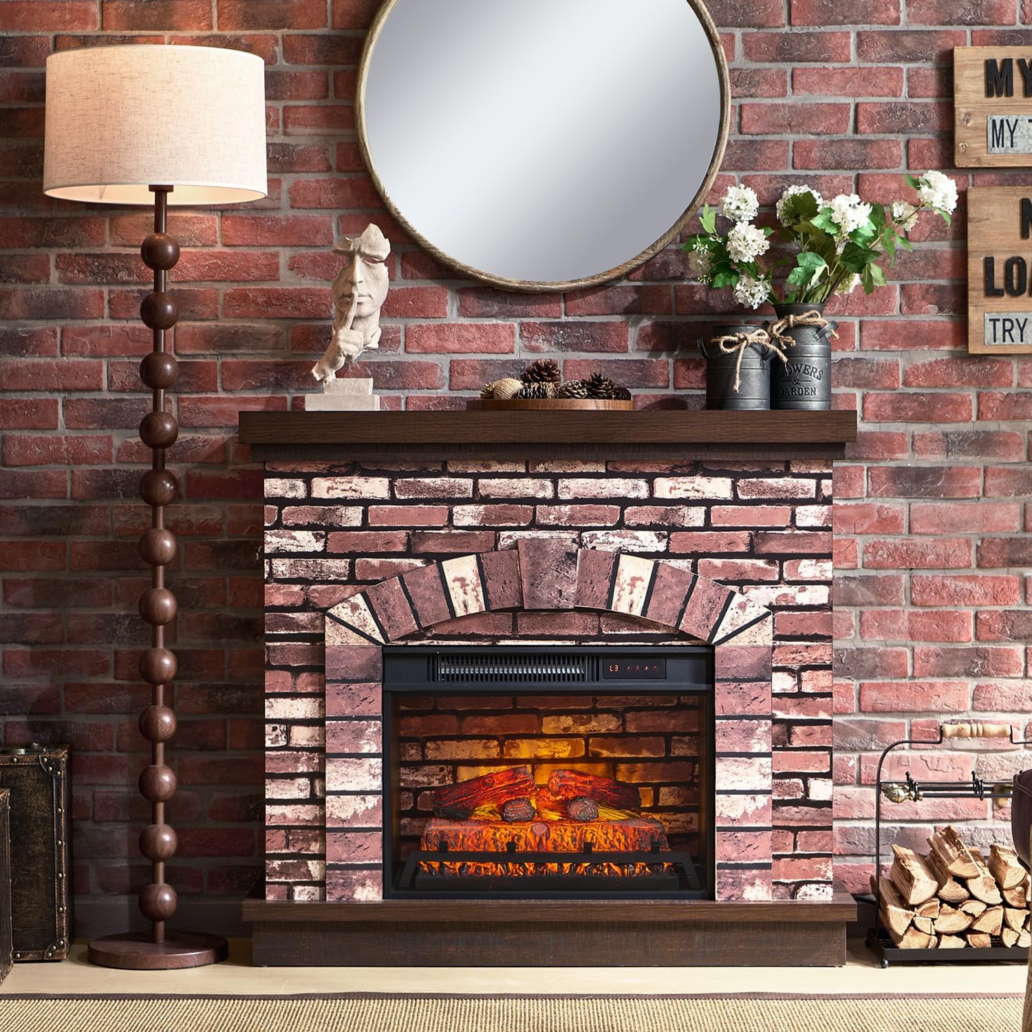 42" Electric Fireplace with Mantel, Farmhouse Fireplace TV Stand w/23'' Freestanding Electric Fireplace Heater, Remote Control, Adjustable 3D Realistic Flame Level for Living Room, Light Brown
