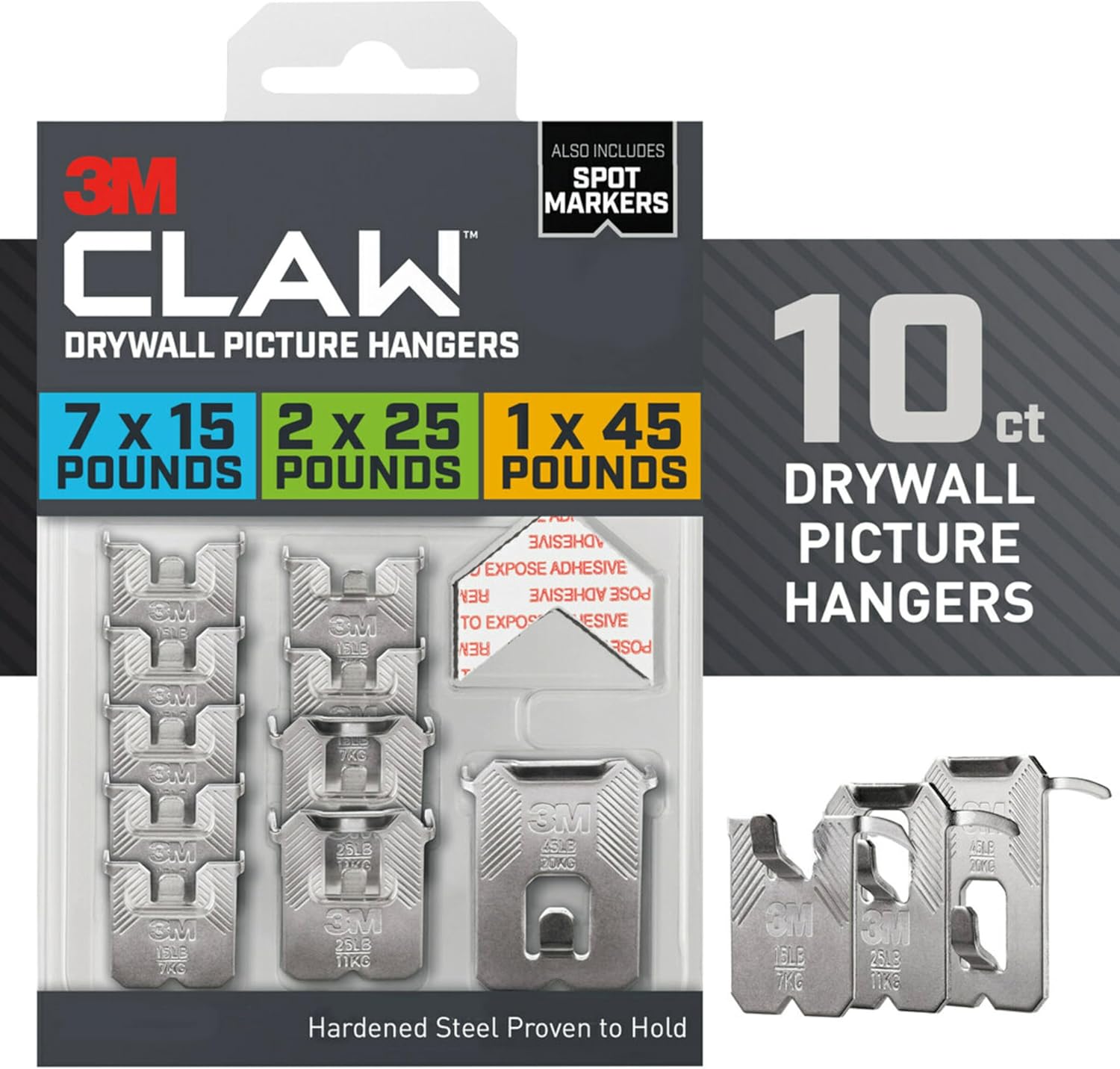 3M CLAW 45 lb. Drywall Picture Hangers Variety Pack with Spot Markers, Gray, Heavyweight Hanging for Room Decor and Office Decor, Including Mirrors or Large Art, 10 Wall Hangers, 10 Spot Markers