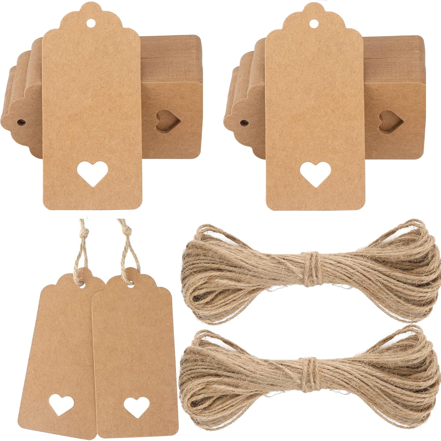 G2PLUS Brown Gift Tags with Heart, 100PCS Blank Paper Tags with String, 4.5x9.5CM Large Gift Labels for Wedding Favors, Craft Paper Tags for Presents, 300g/m²