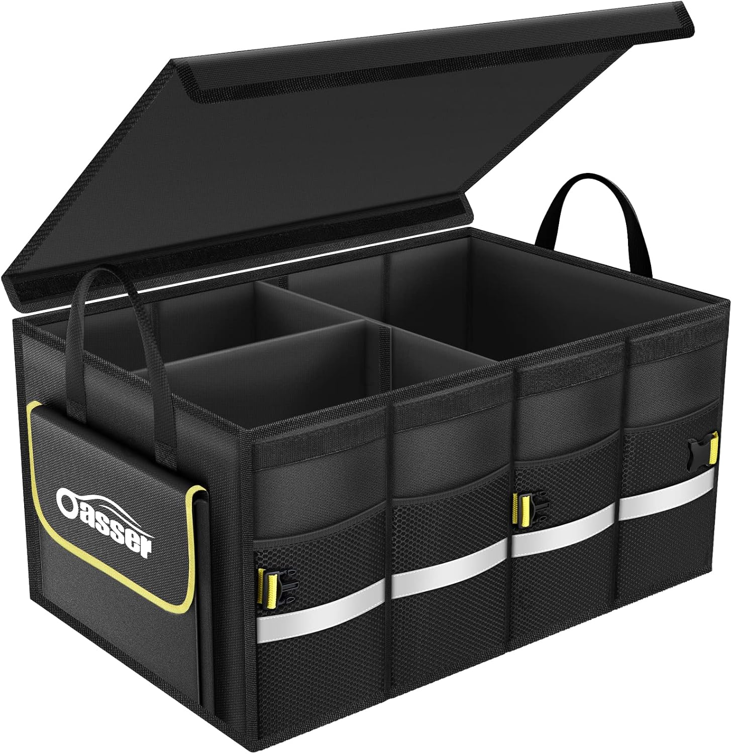 Oasser Car Boot Organiser Storage, Collapsible Waterproof Durable Multi Compartments Boot Organisers with Foldable Cover Reflective Strip for Car SUV Truck (E3A)